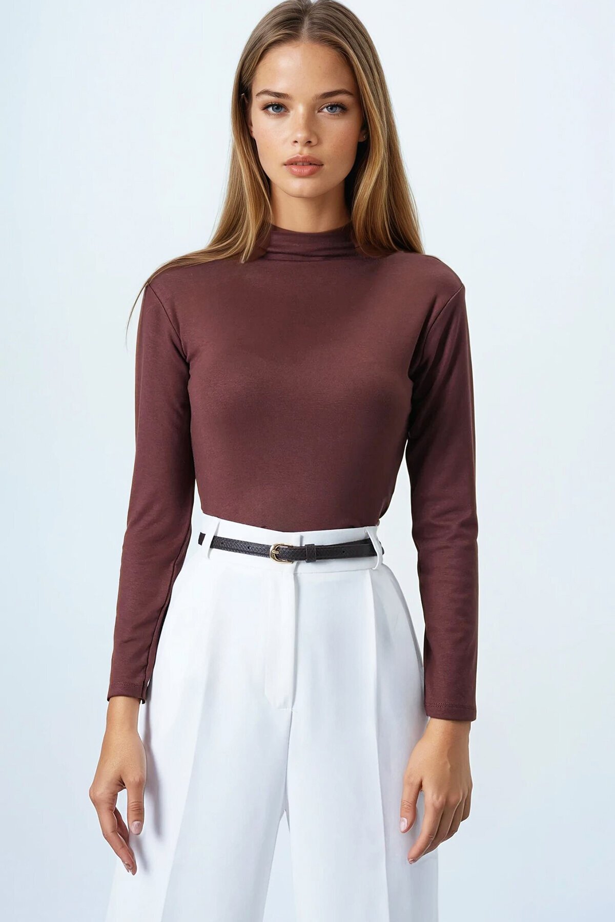 Kahverengi Dik Yaka Pamuklu Likralı Basic Bluz