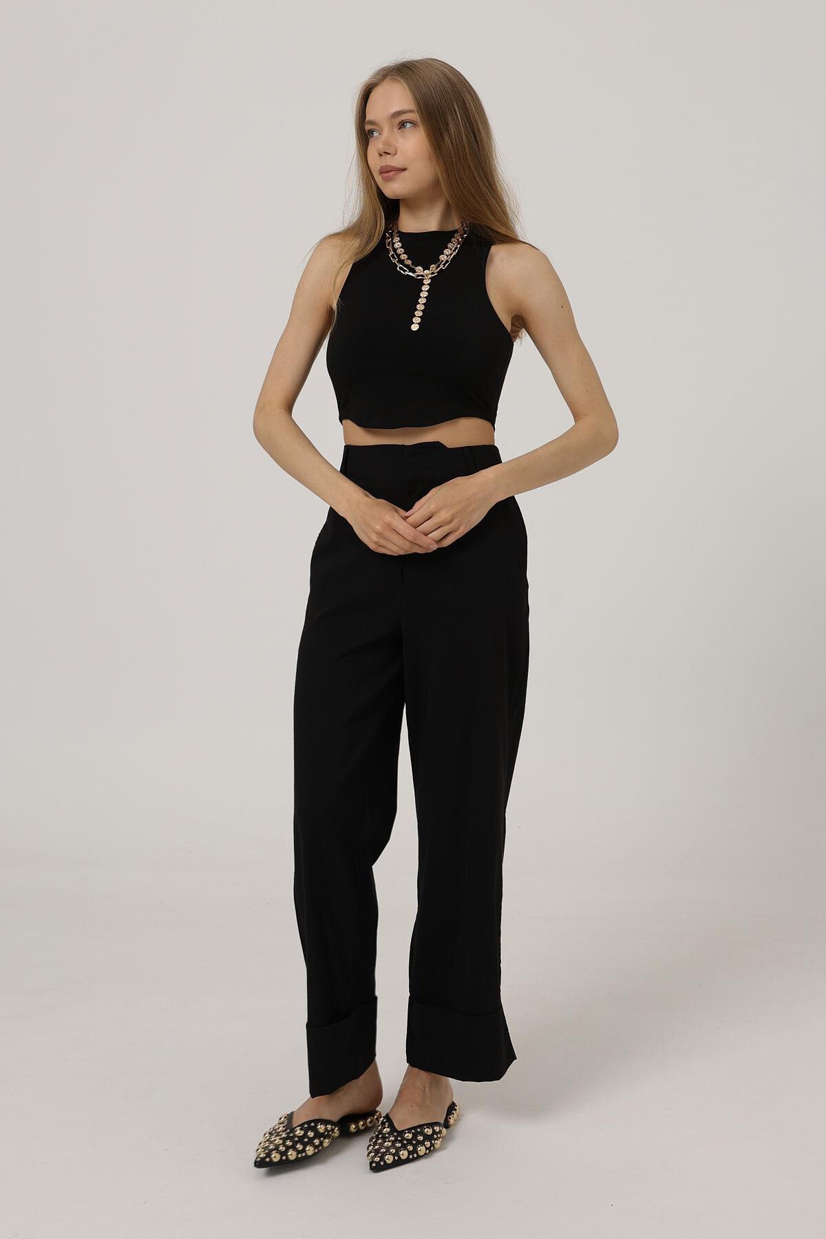 Siyah Çift Cepli Duble Paça Pantolon