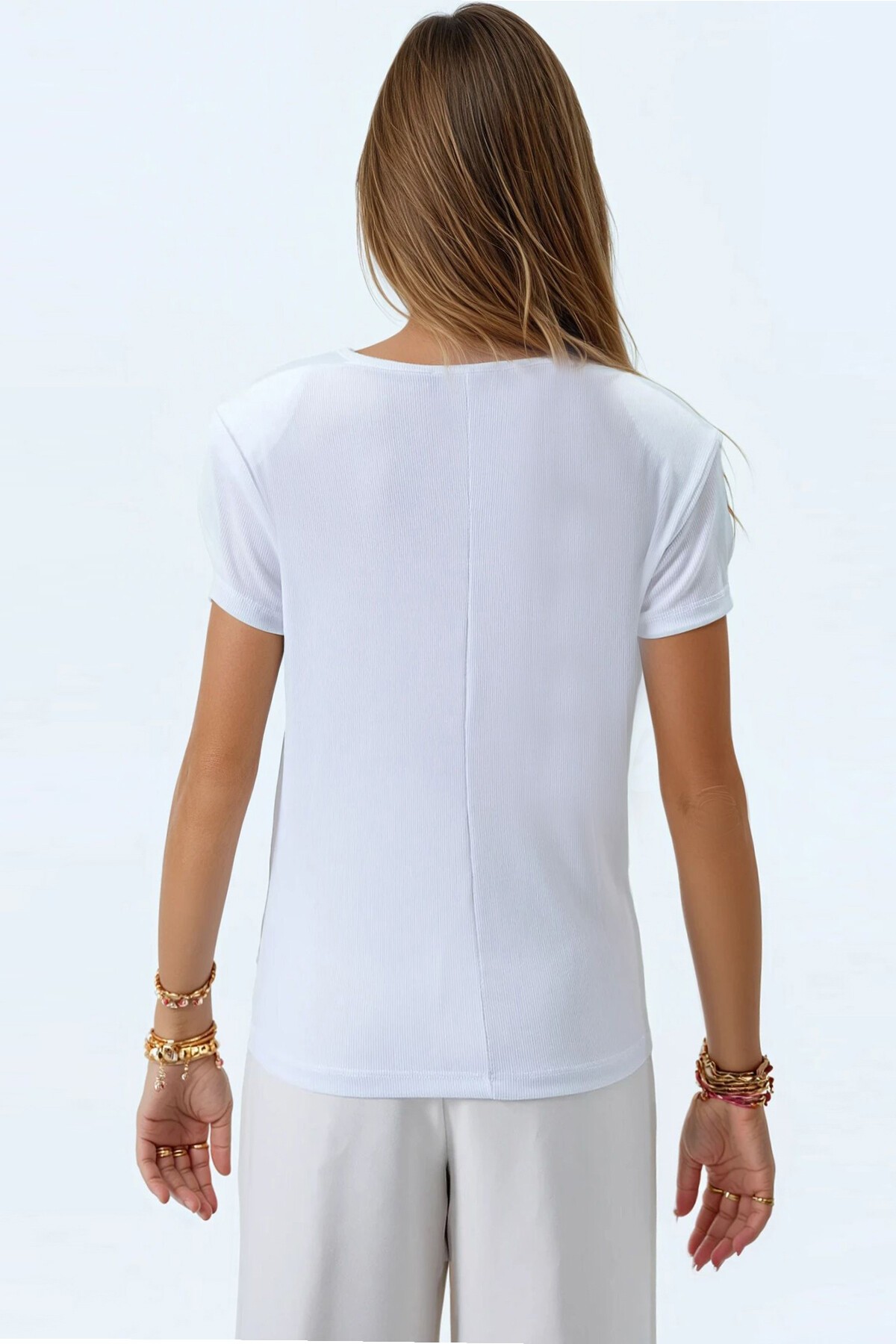 Ekru Degaje Yaka Dökümlü Vatkalı Örme Bluz