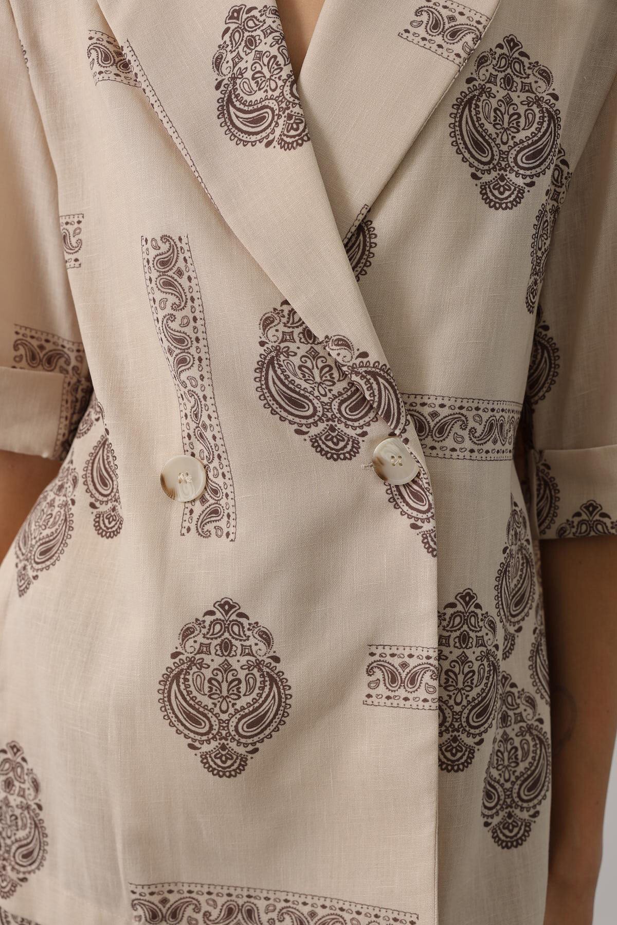 Ekru Etnik Desenli Oversize İkili Takım