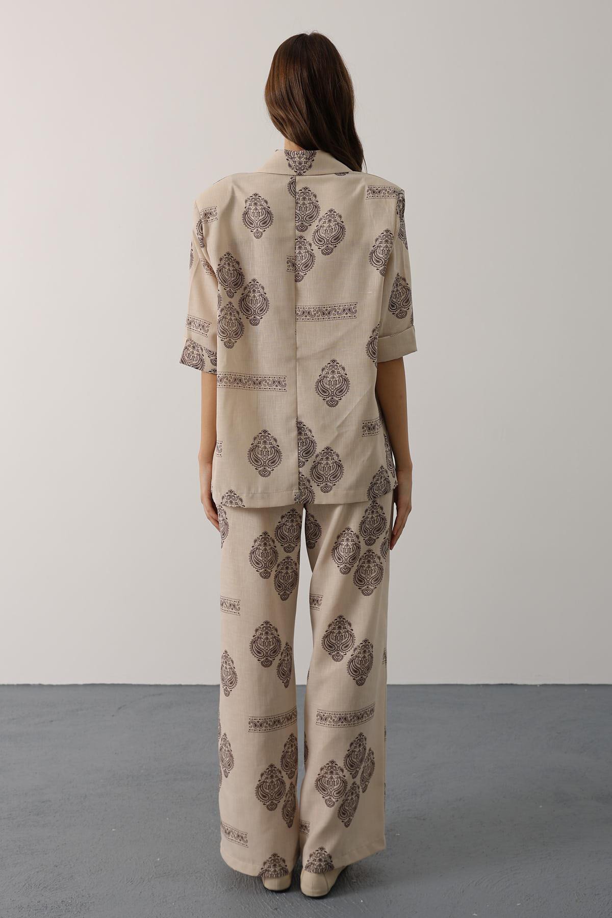 Ekru Etnik Desenli Oversize İkili Takım