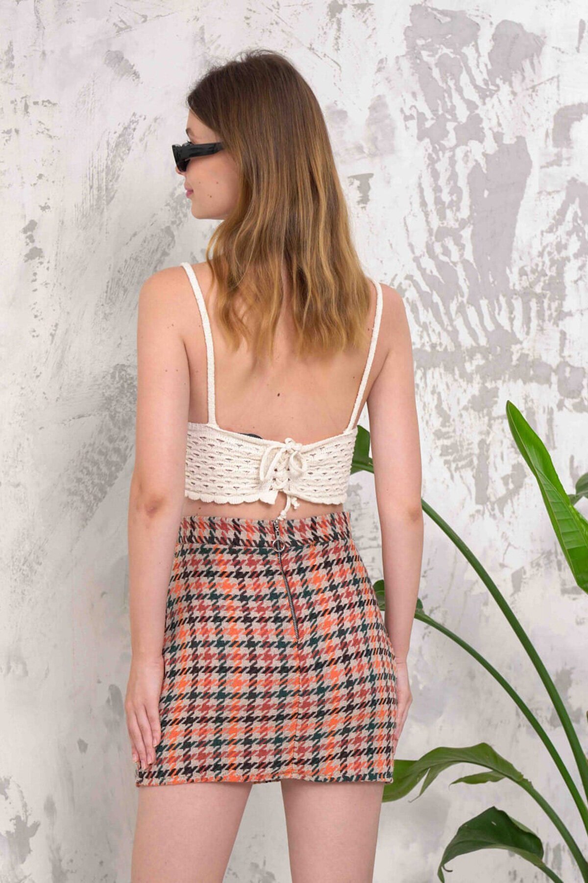 Turuncu Fermuar Kapamalı Kazayağı Desenli Mini Etek