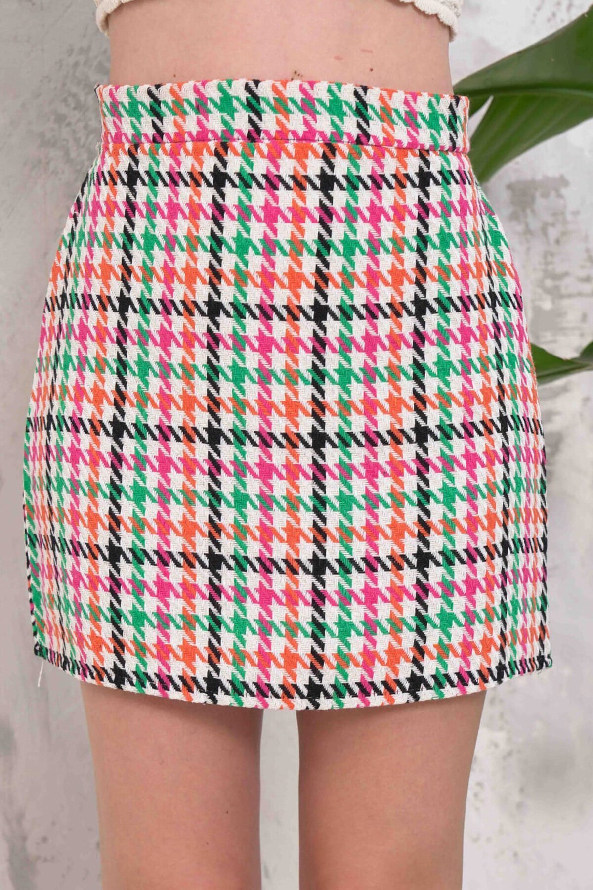 Mix Fermuar Kapamalı Kazayağı Desenli Mini Etek