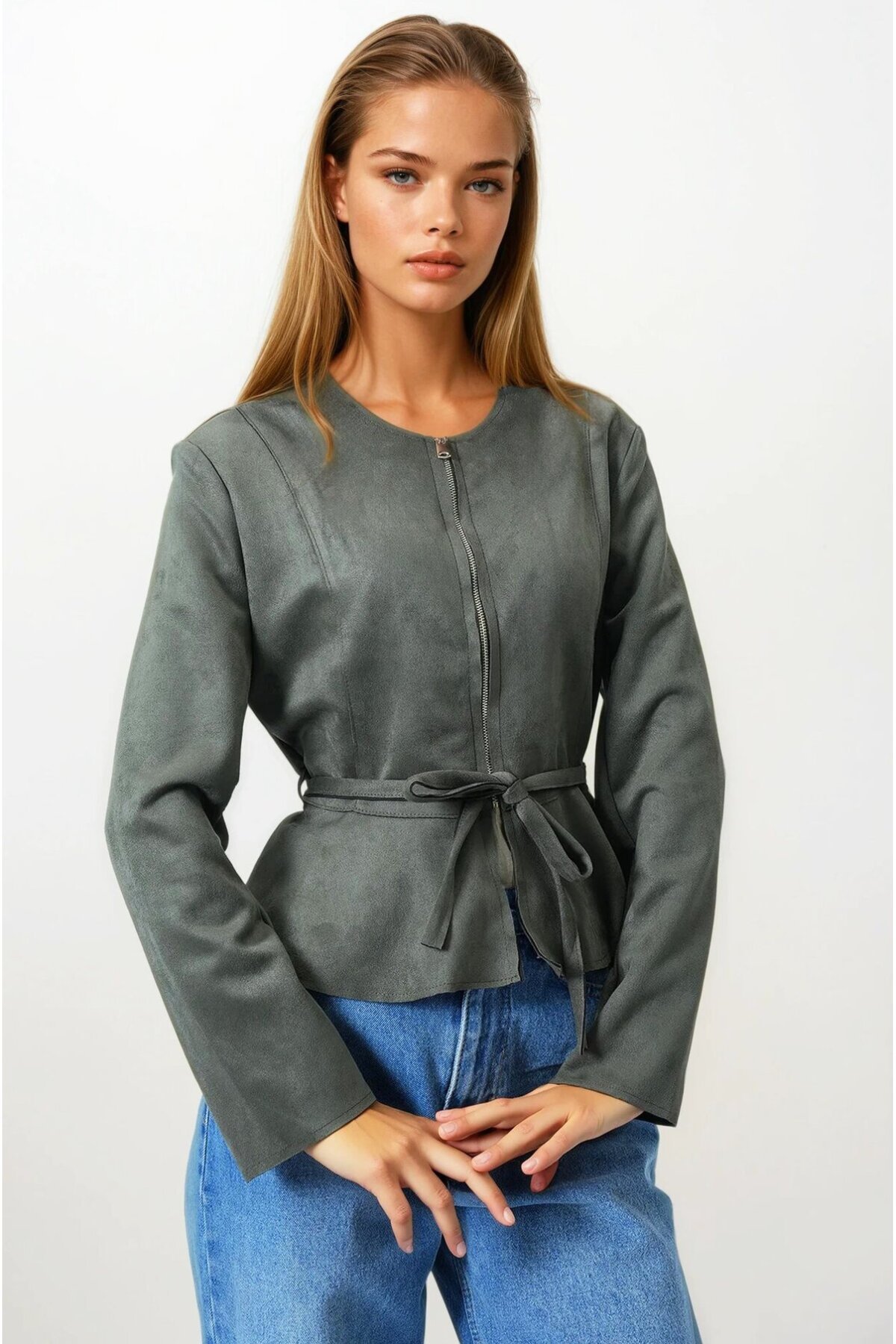 Haki Fermuarlı Bisiklet Yaka Süet Görünümlü Kemer Bağlamalı Kısa Ceket