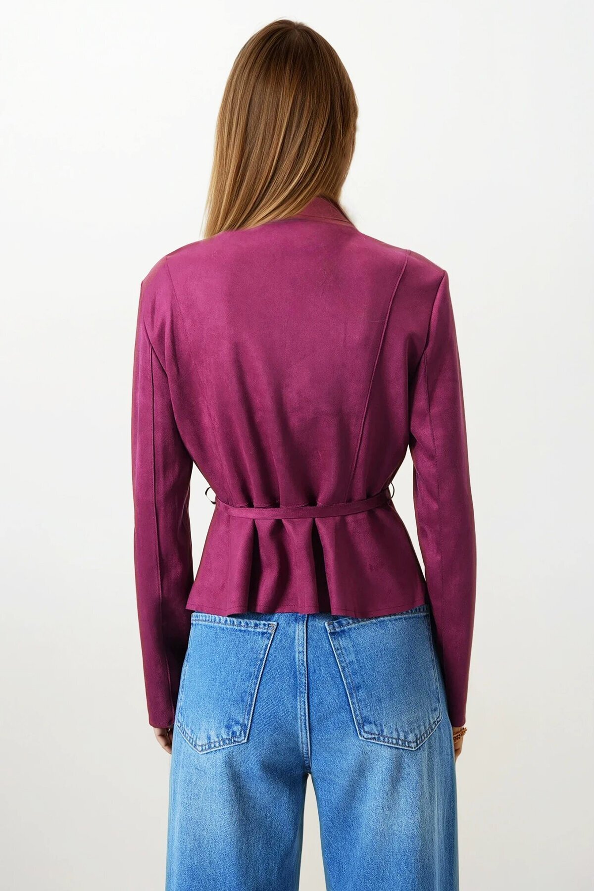 Bordo Fermuarlı Bisiklet Yaka Süet Görünümlü Kemer Bağlamalı Kısa Ceket