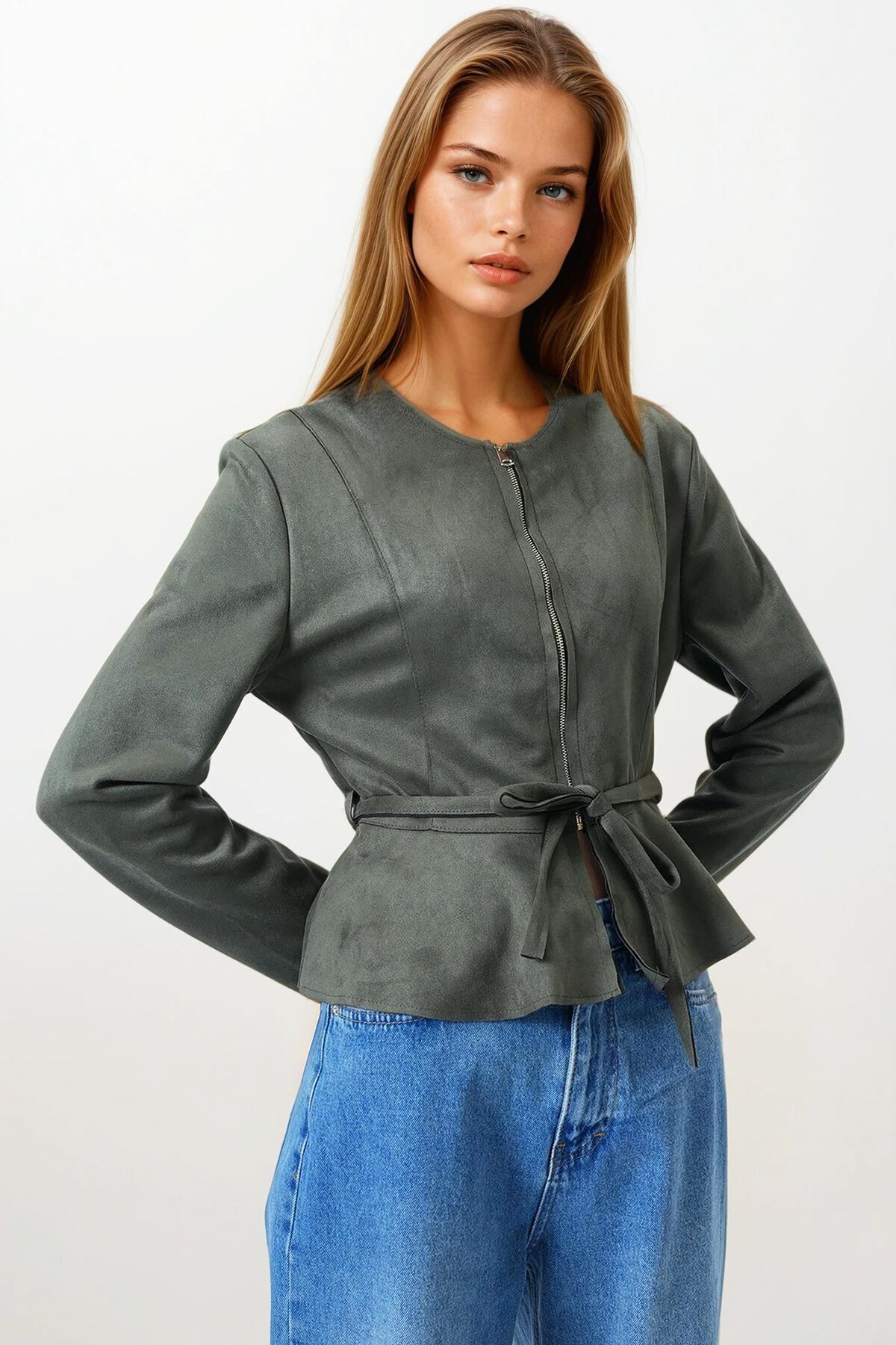 Haki Fermuarlı Bisiklet Yaka Süet Görünümlü Kemer Bağlamalı Kısa Ceket