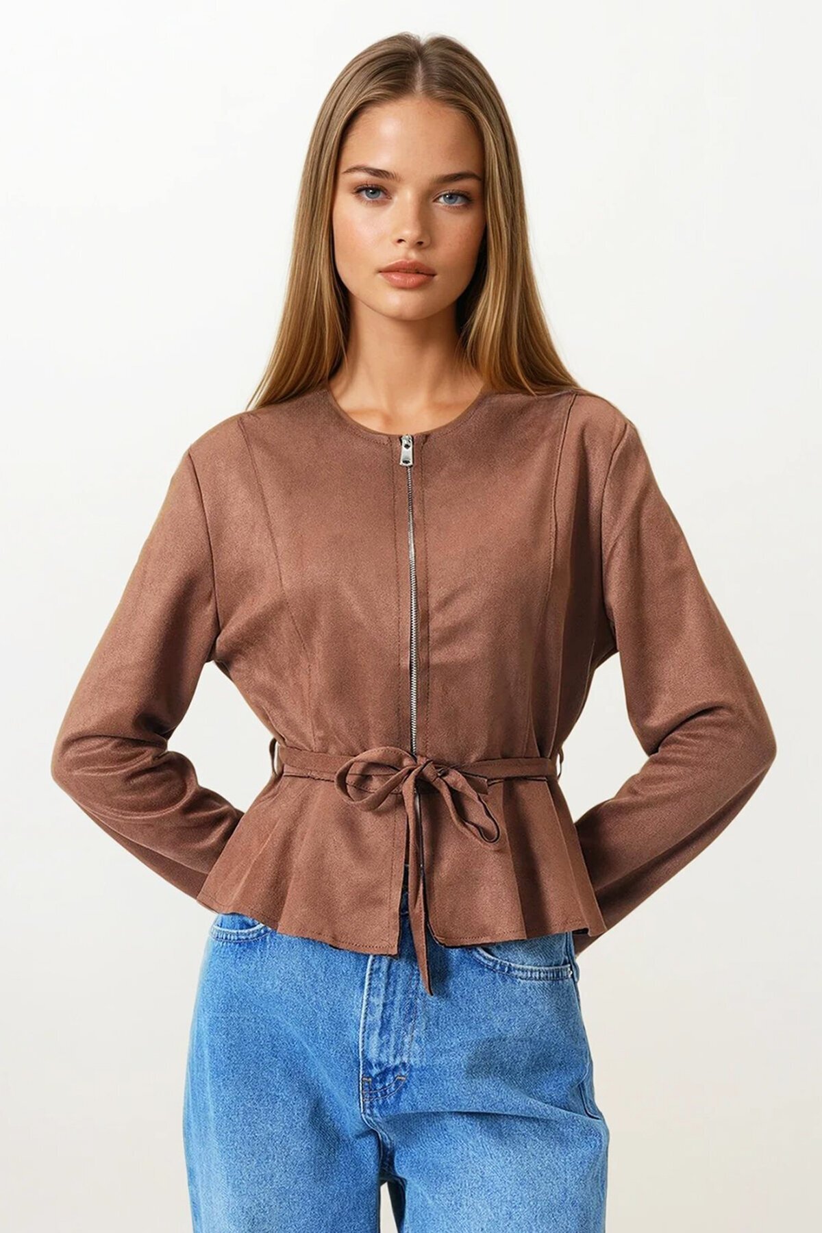 Taba Fermuarlı Bisiklet Yaka Süet Görünümlü Kemer Bağlamalı Kısa Ceket