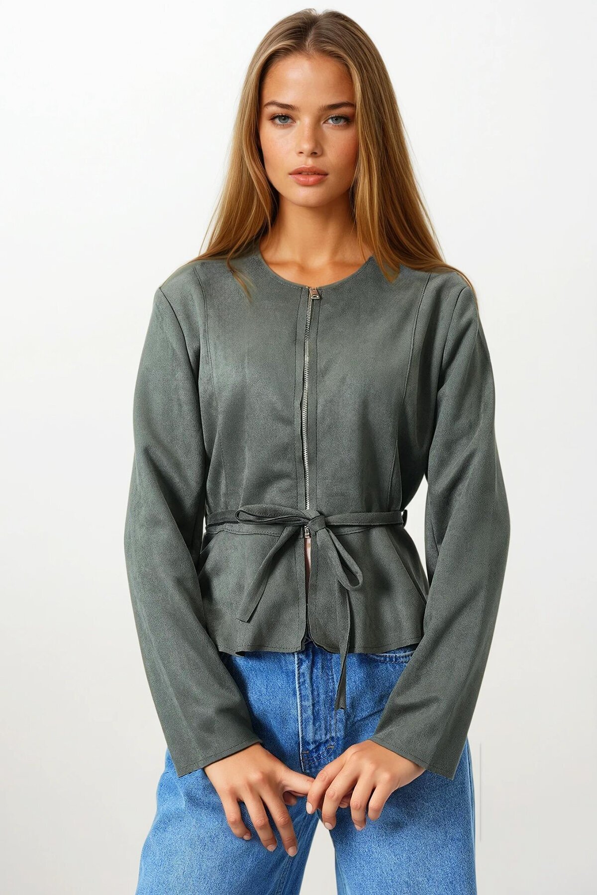 Haki Fermuarlı Bisiklet Yaka Süet Görünümlü Kemer Bağlamalı Kısa Ceket