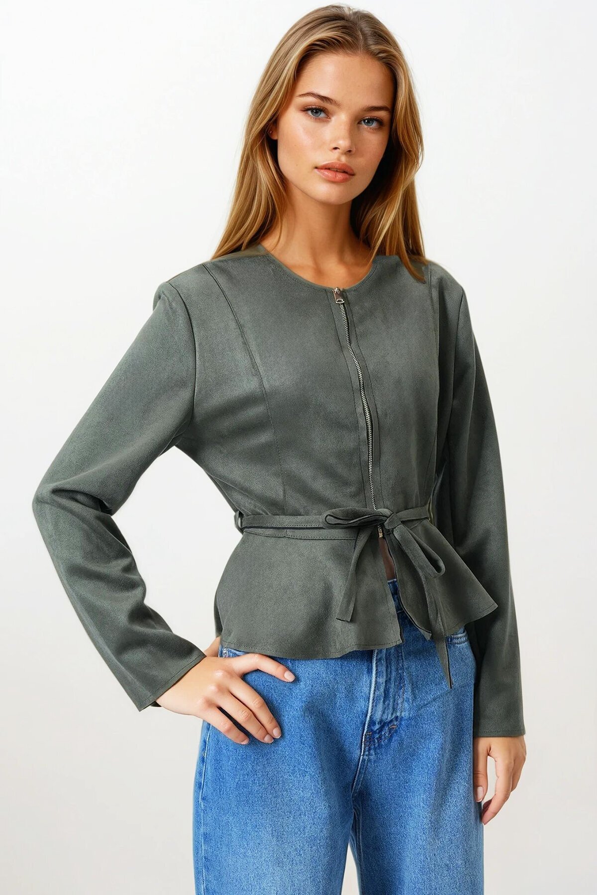 Haki Fermuarlı Bisiklet Yaka Süet Görünümlü Kemer Bağlamalı Kısa Ceket