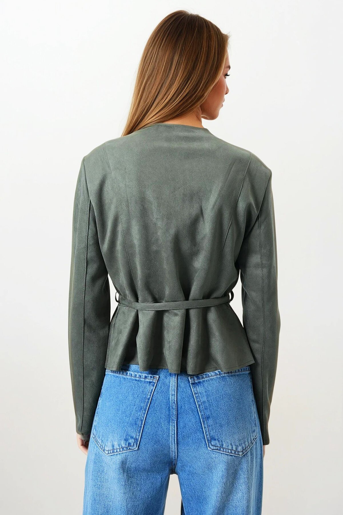 Haki Fermuarlı Bisiklet Yaka Süet Görünümlü Kemer Bağlamalı Kısa Ceket