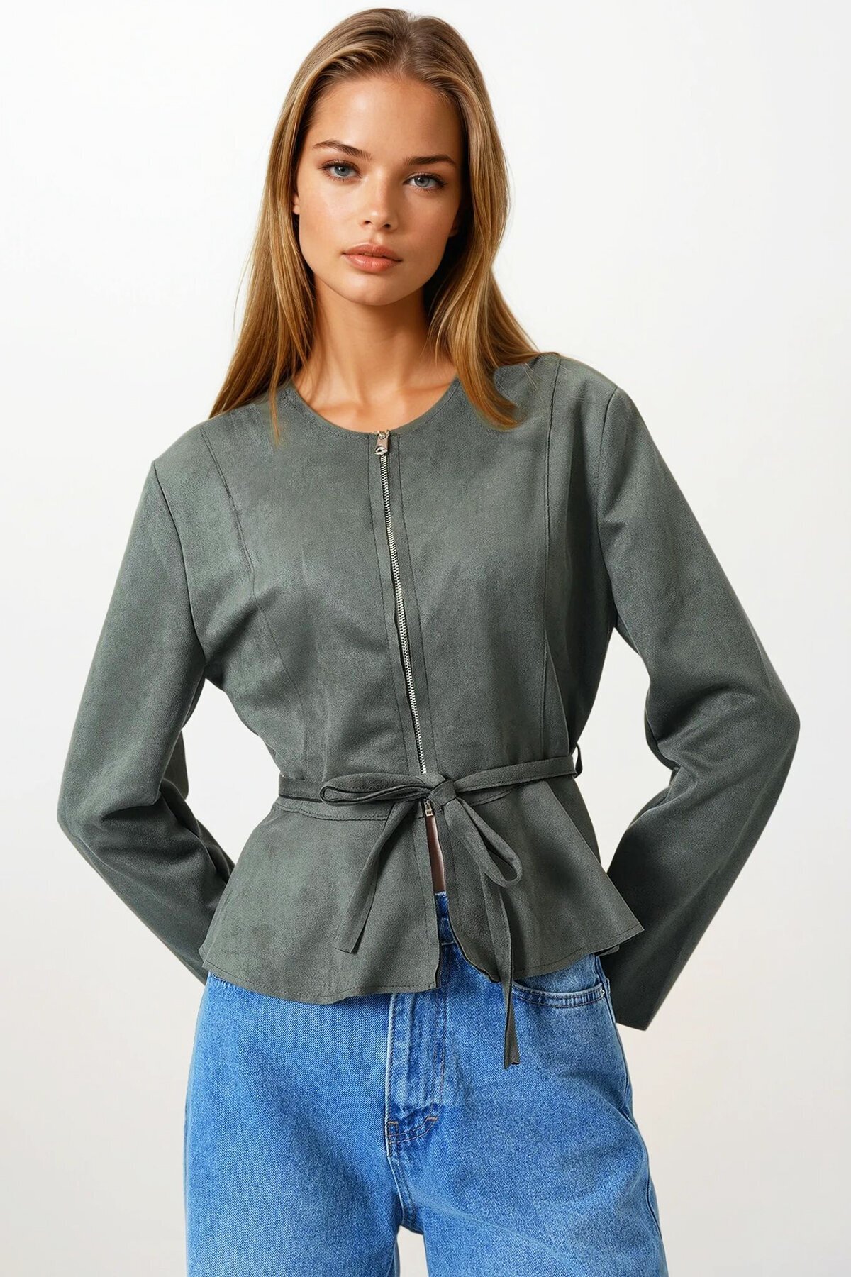 Haki Fermuarlı Bisiklet Yaka Süet Görünümlü Kemer Bağlamalı Kısa Ceket