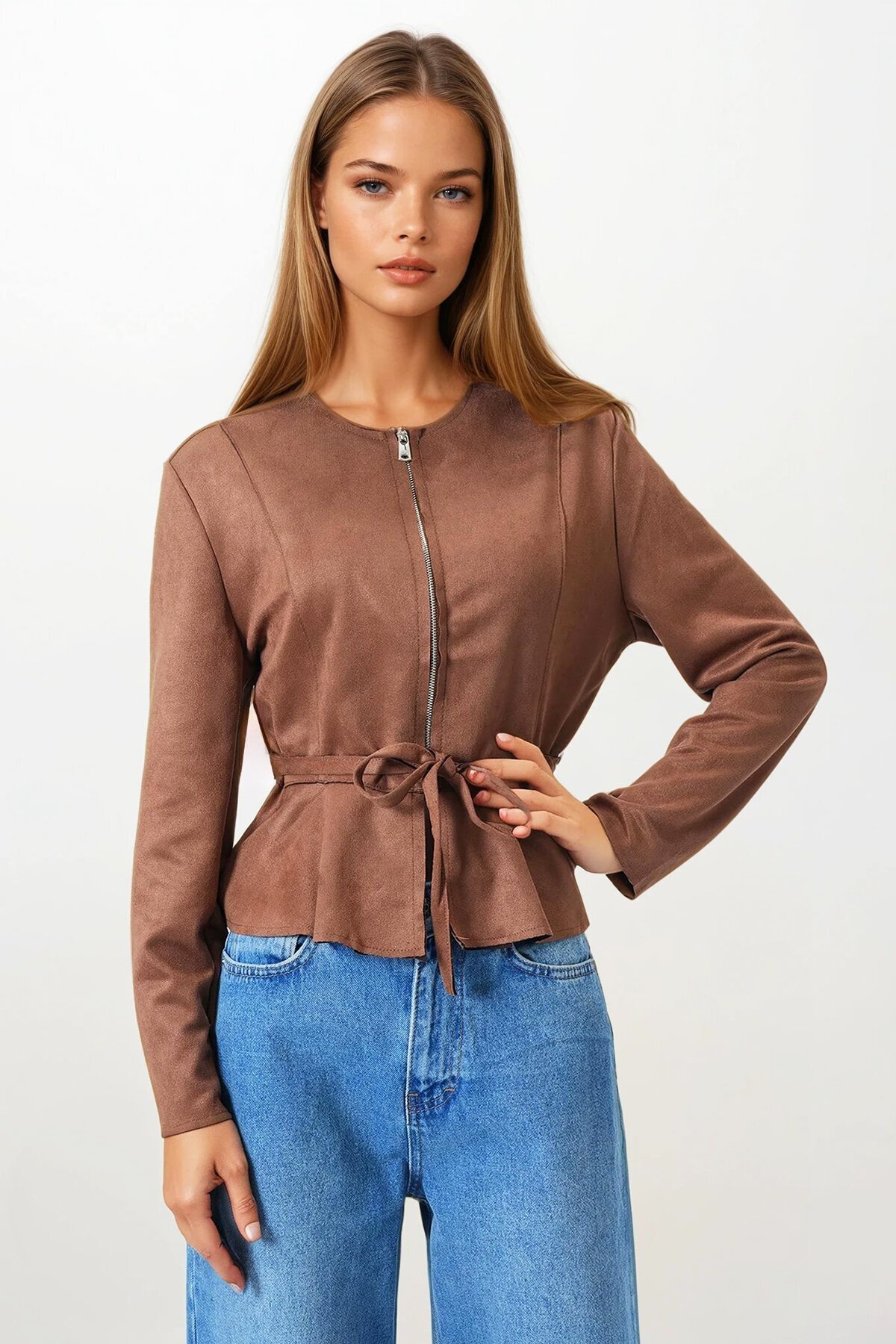 Taba Fermuarlı Bisiklet Yaka Süet Görünümlü Kemer Bağlamalı Kısa Ceket