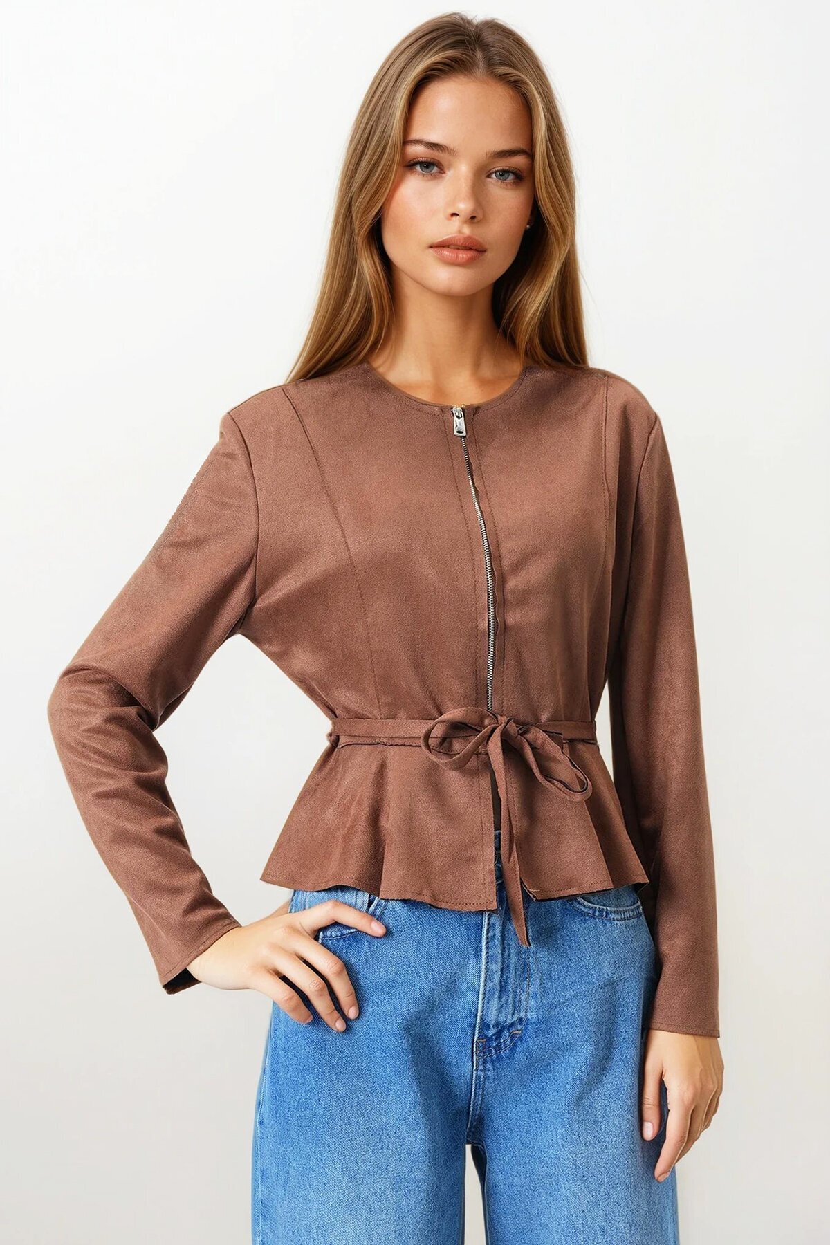 Taba Fermuarlı Bisiklet Yaka Süet Görünümlü Kemer Bağlamalı Kısa Ceket