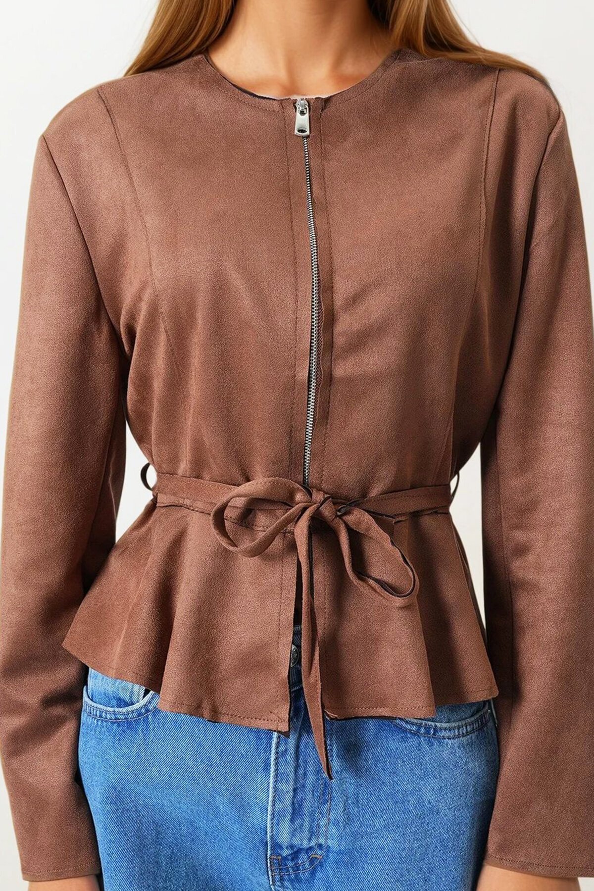 Taba Fermuarlı Bisiklet Yaka Süet Görünümlü Kemer Bağlamalı Kısa Ceket