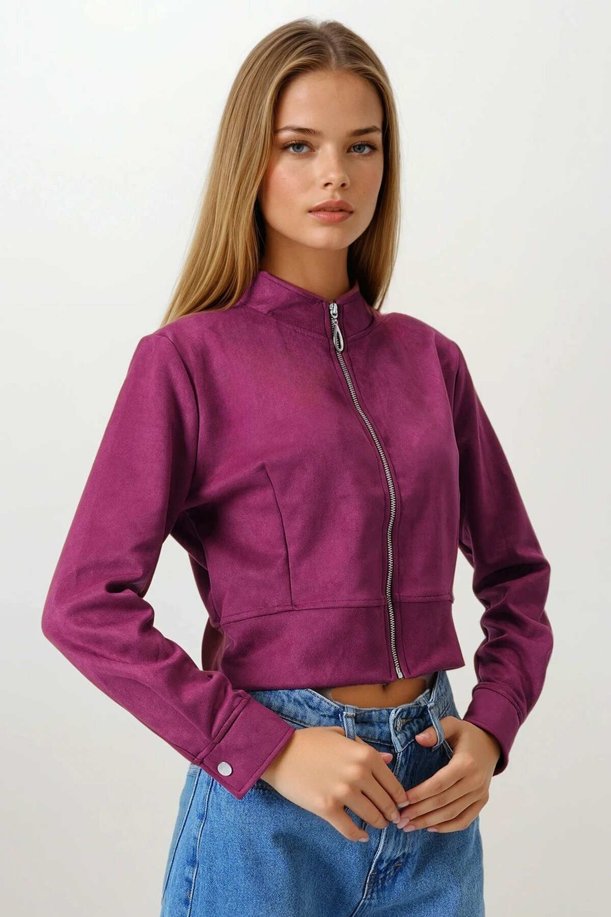 Bordo Fermuarlı Hakim Yaka Süet Dokulu Kısa Ceket