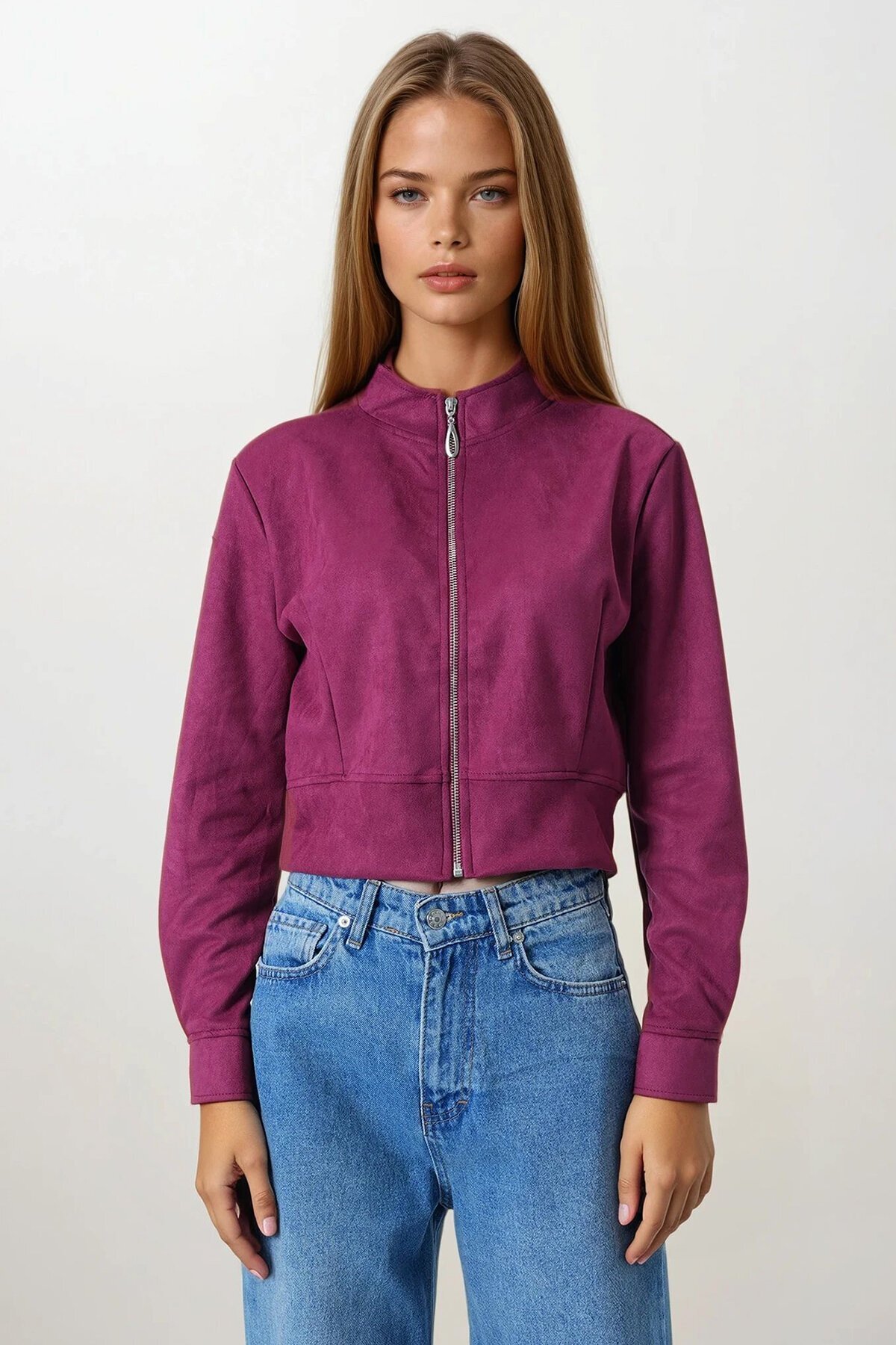 Bordo Fermuarlı Hakim Yaka Süet Dokulu Kısa Ceket