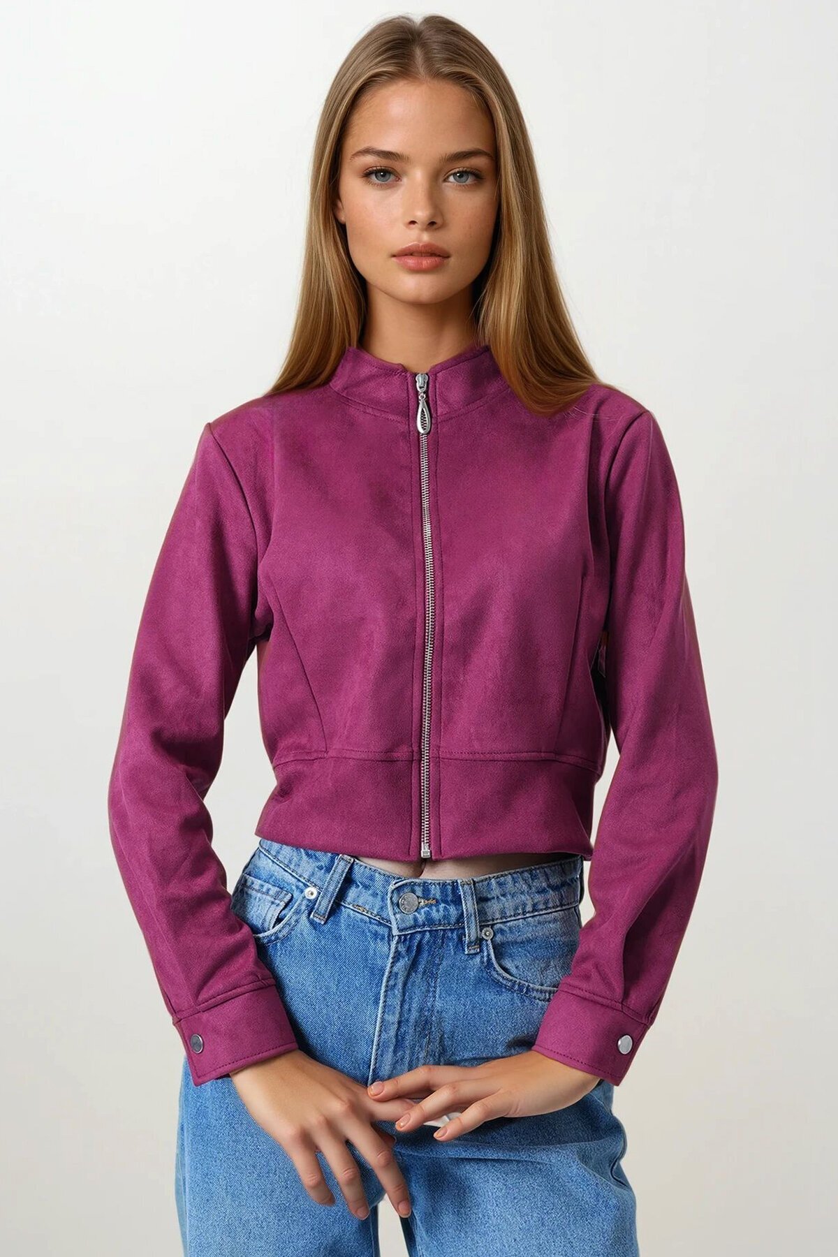 Bordo Fermuarlı Hakim Yaka Süet Dokulu Kısa Ceket