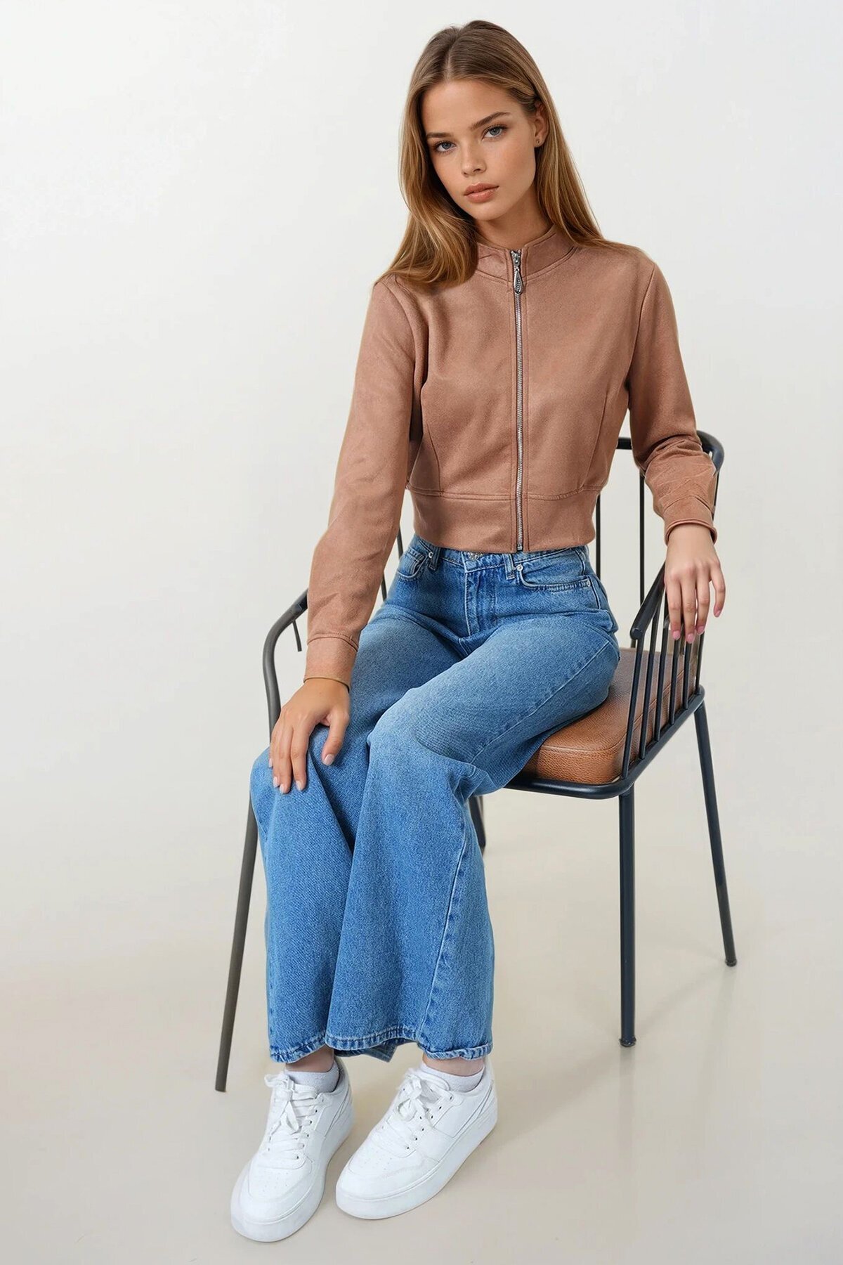 Taba Fermuarlı Hakim Yaka Süet Dokulu Kısa Ceket