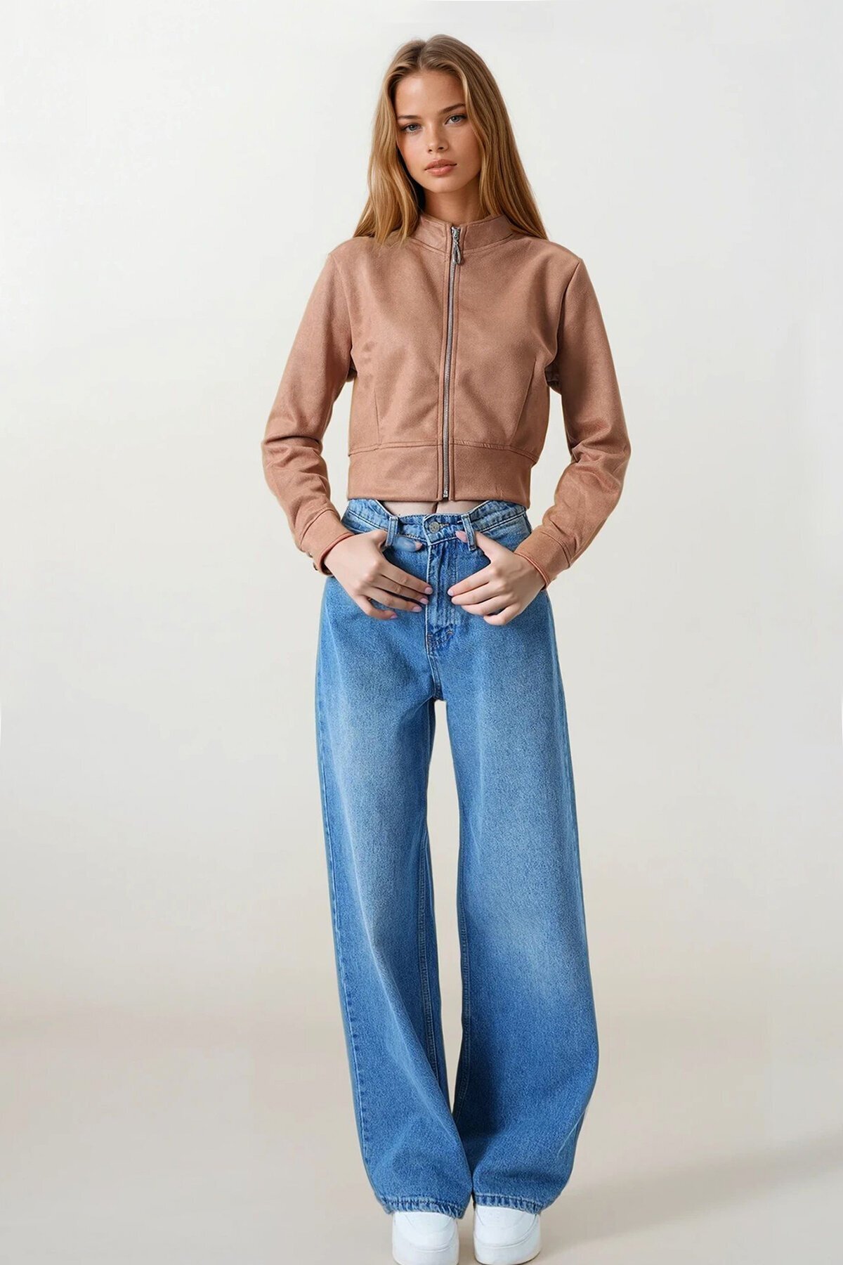 Taba Fermuarlı Hakim Yaka Süet Dokulu Kısa Ceket