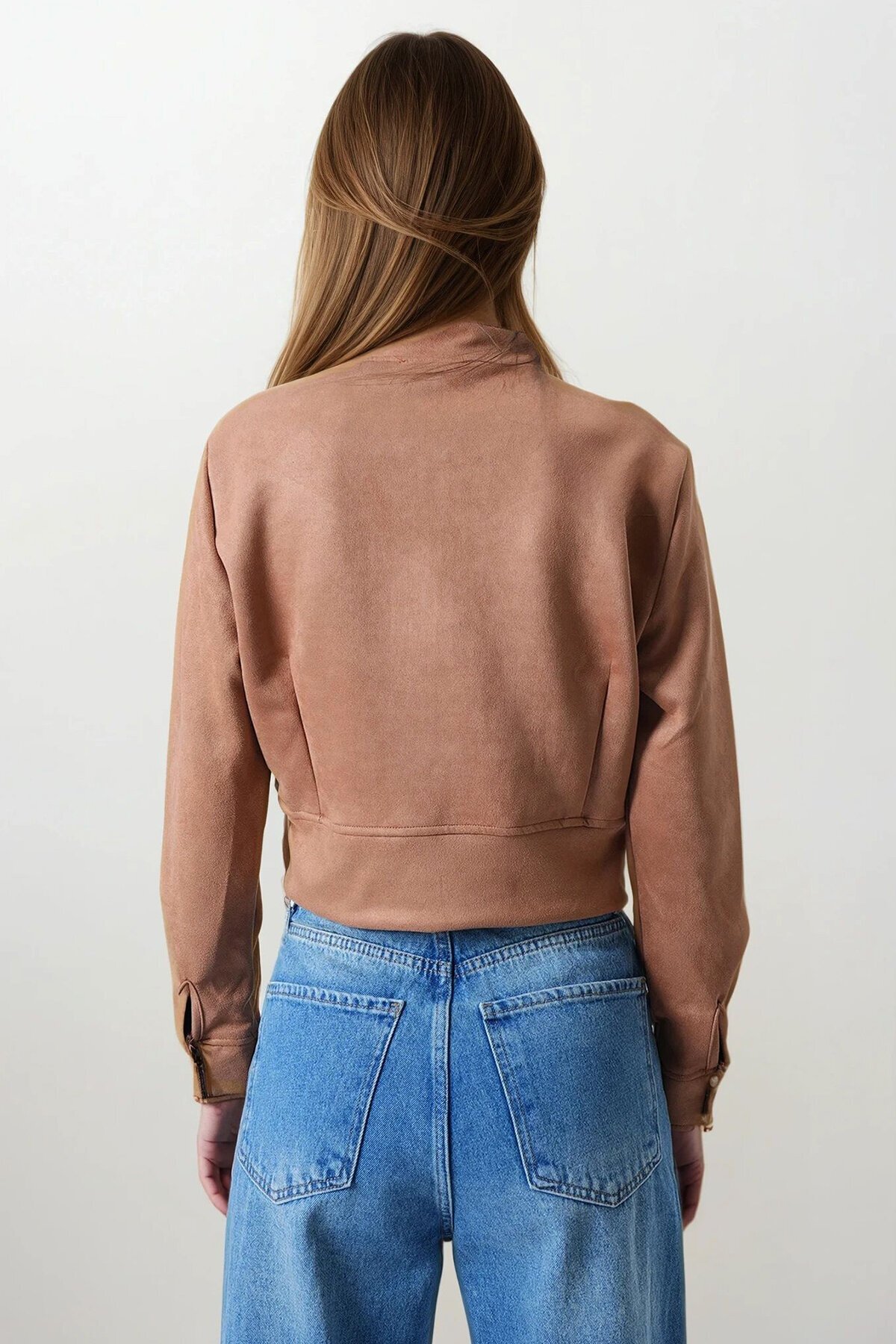 Taba Fermuarlı Hakim Yaka Süet Dokulu Kısa Ceket