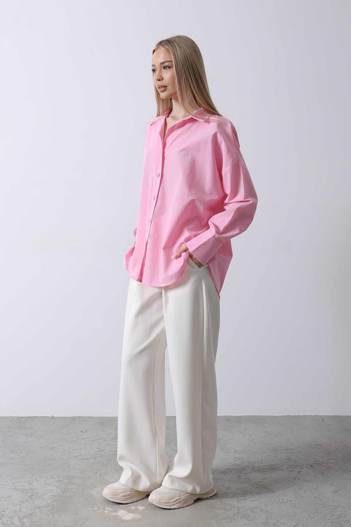 Şeker Pembe Geniş Manşet Detaylı Oversize Gömlek