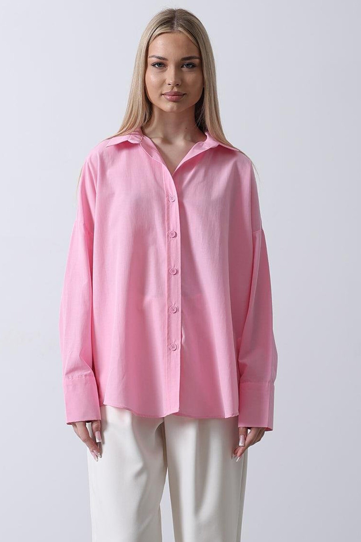 Şeker Pembe Geniş Manşet Detaylı Oversize Gömlek
