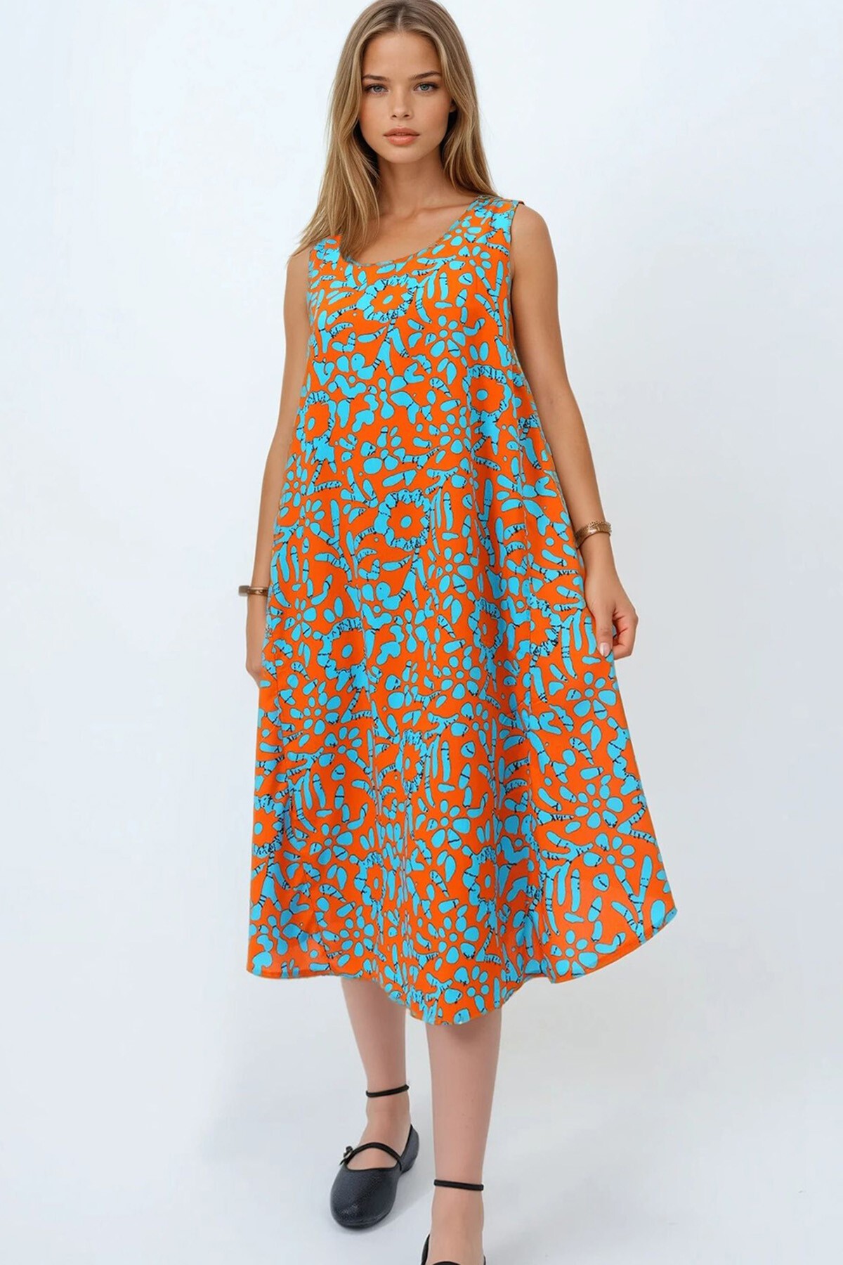 Gök Mavisi Kolsuz Rahat Kesim Desenli Elbise