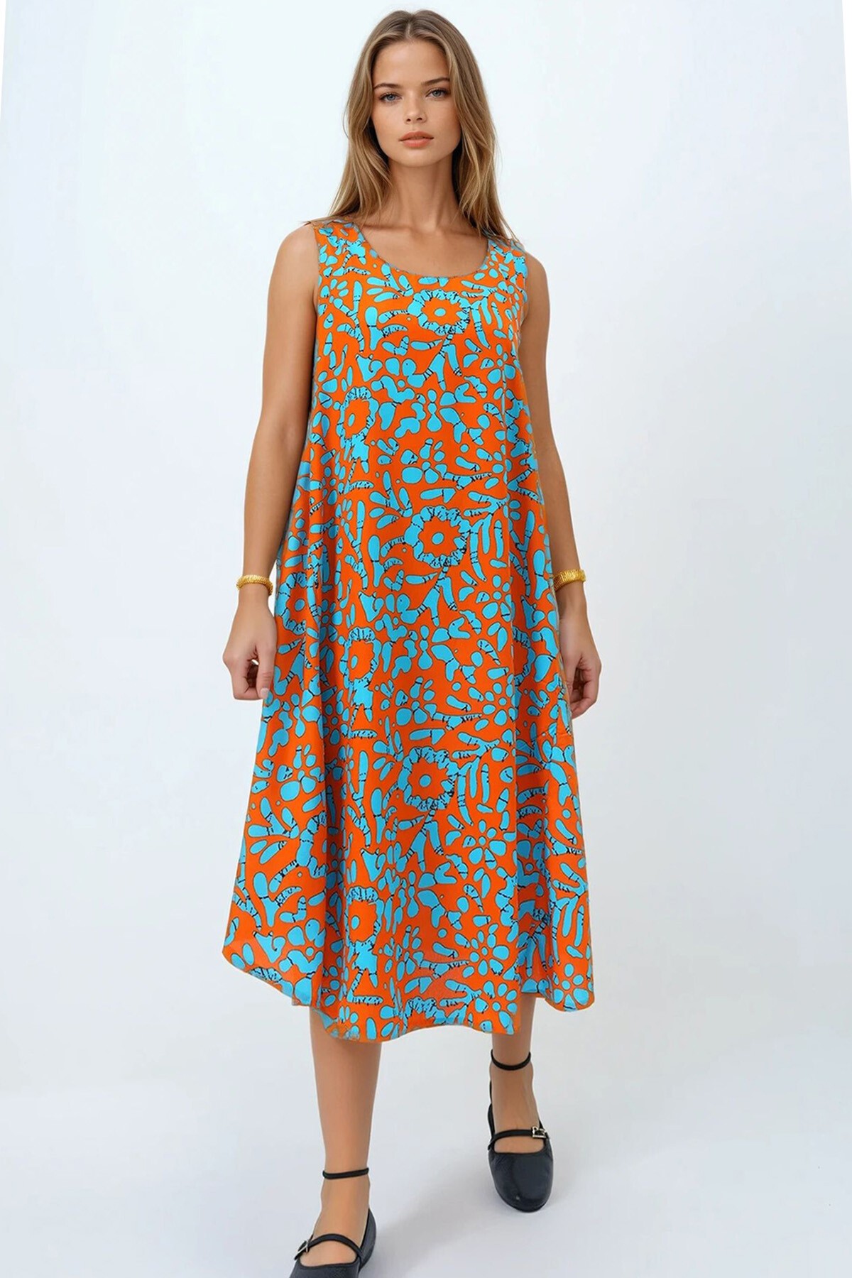 Gök Mavisi Kolsuz Rahat Kesim Desenli Elbise