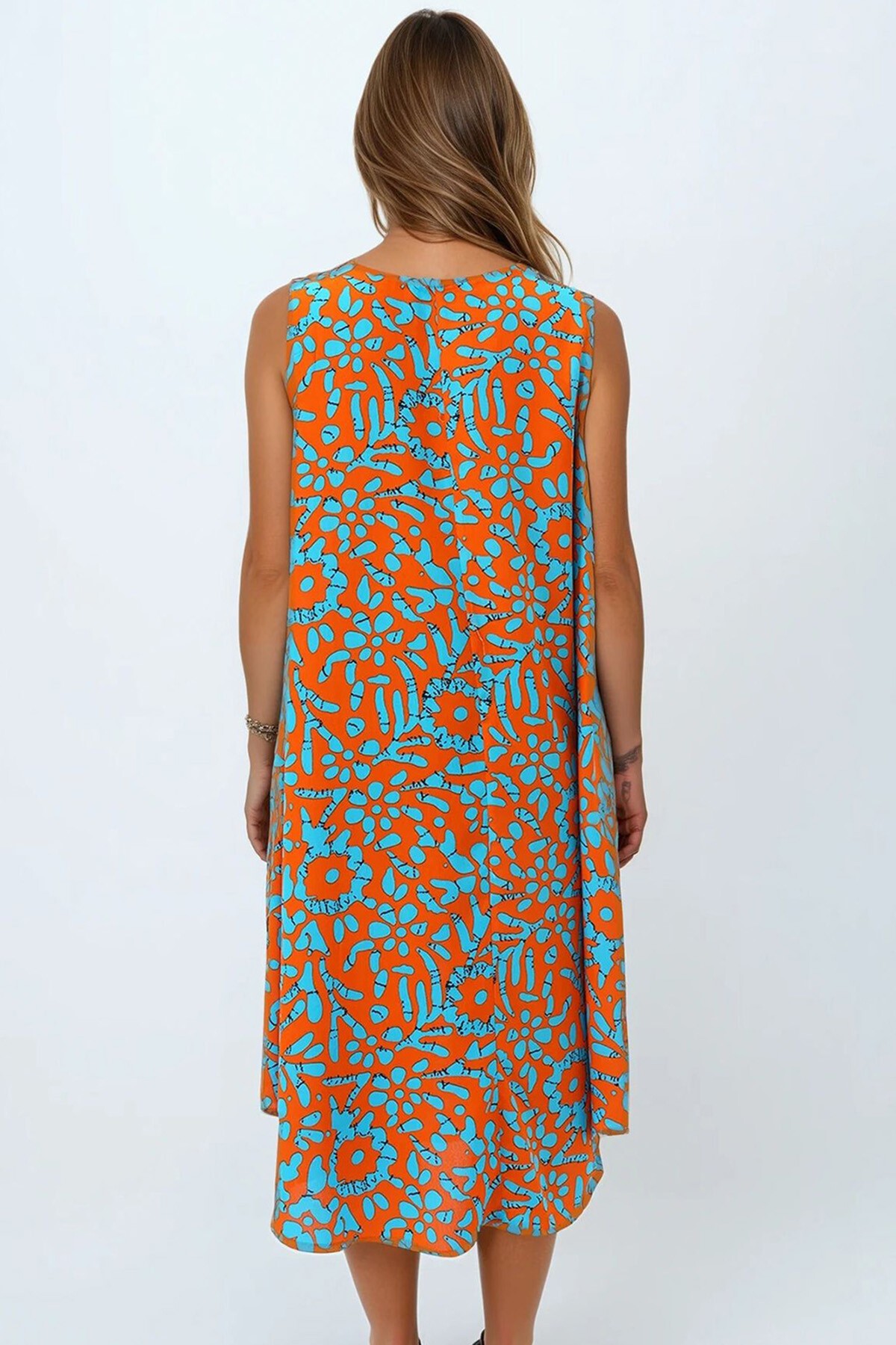 Gök Mavisi Kolsuz Rahat Kesim Desenli Elbise