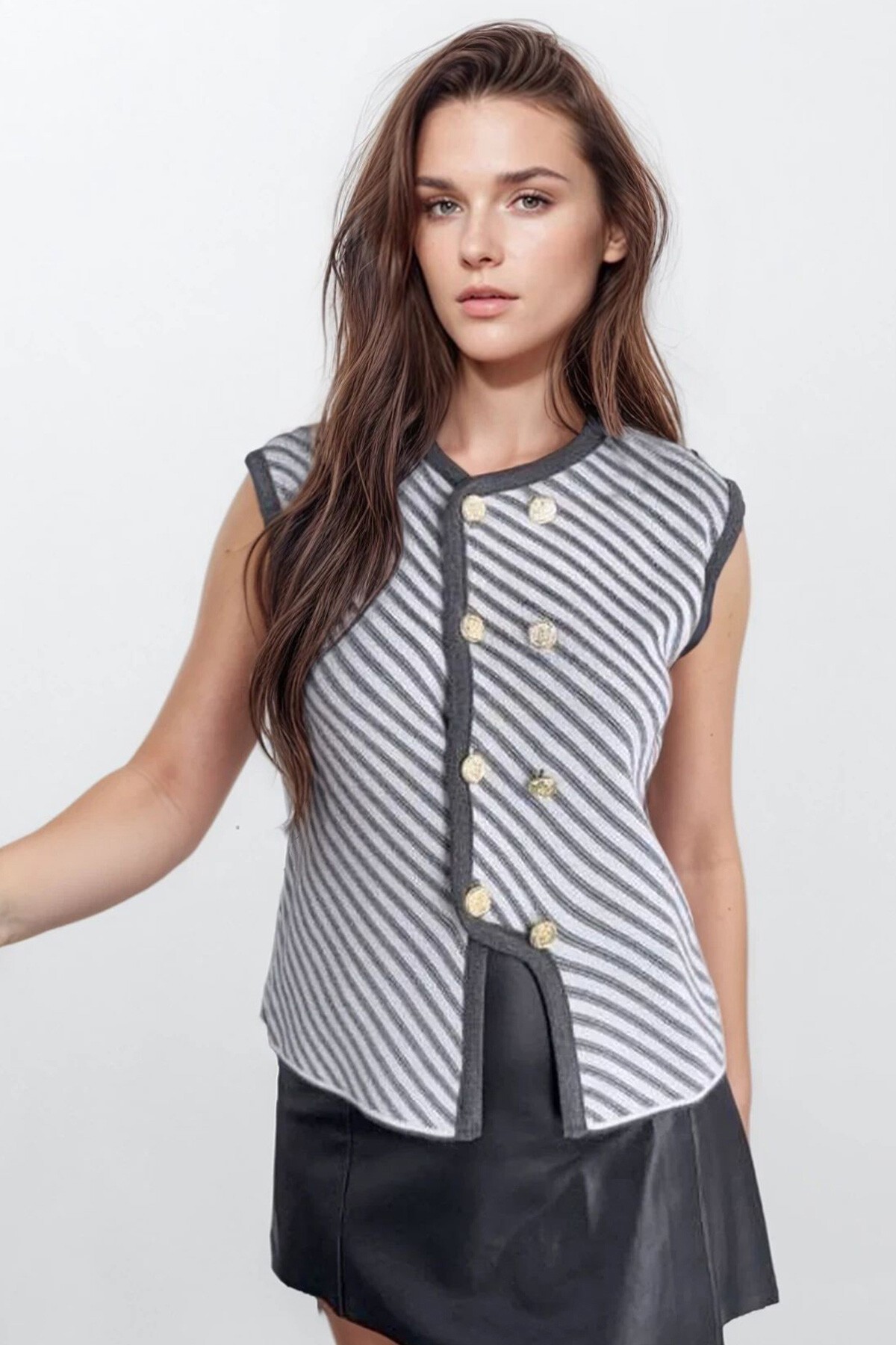 Antrasit Gol Düğme Detaylı Çizgili Triko Bluz