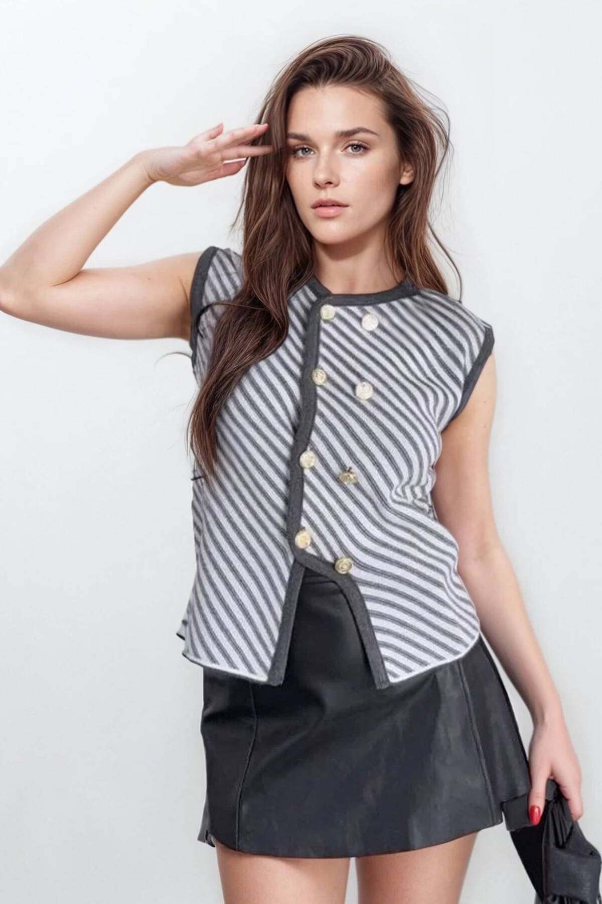 Antrasit Gol Düğme Detaylı Çizgili Triko Bluz