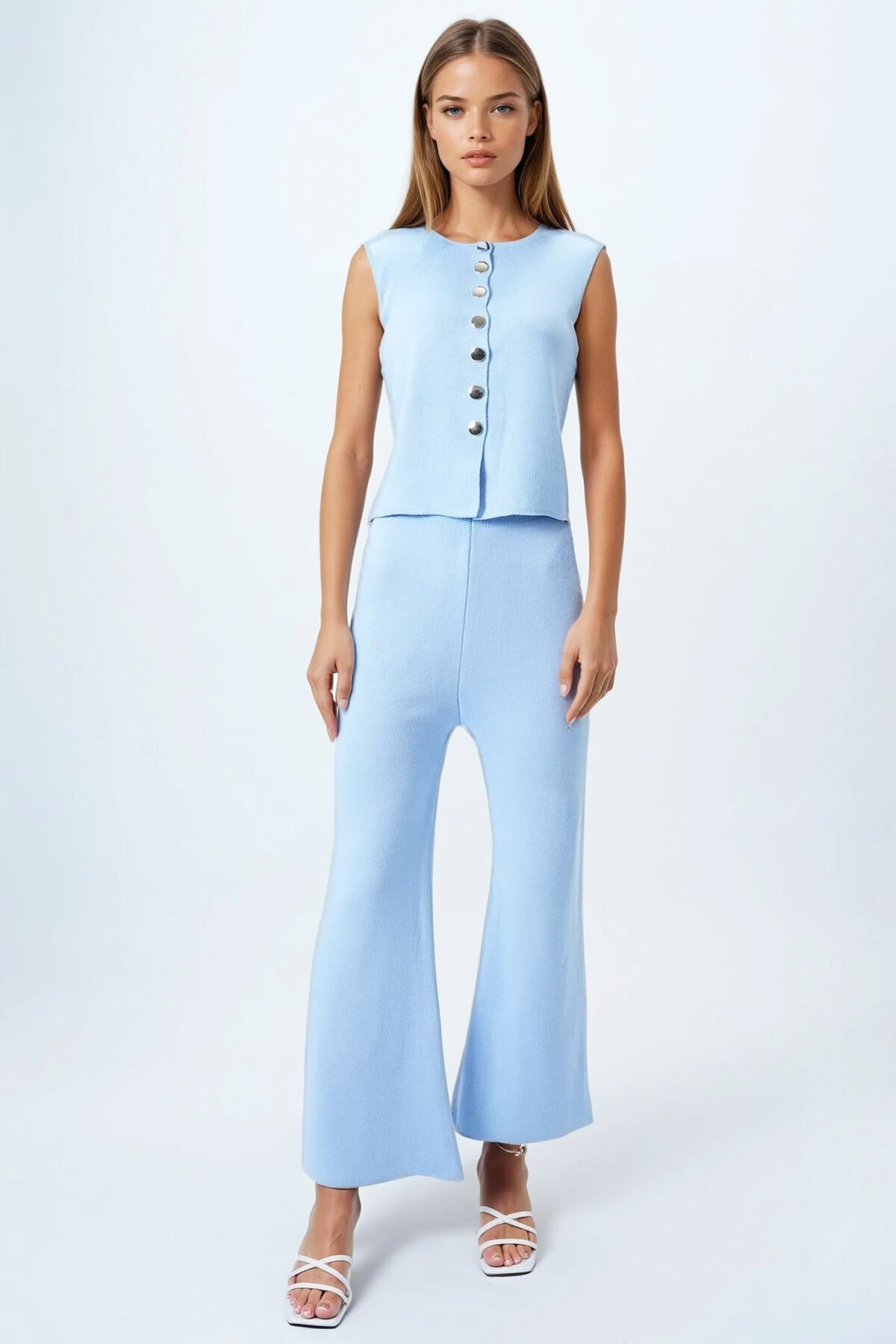 Bebe Mavi Gold Düğme Detaylı Bluz Ve Beli Lastikli Palazzo Pantolon Triko Takım