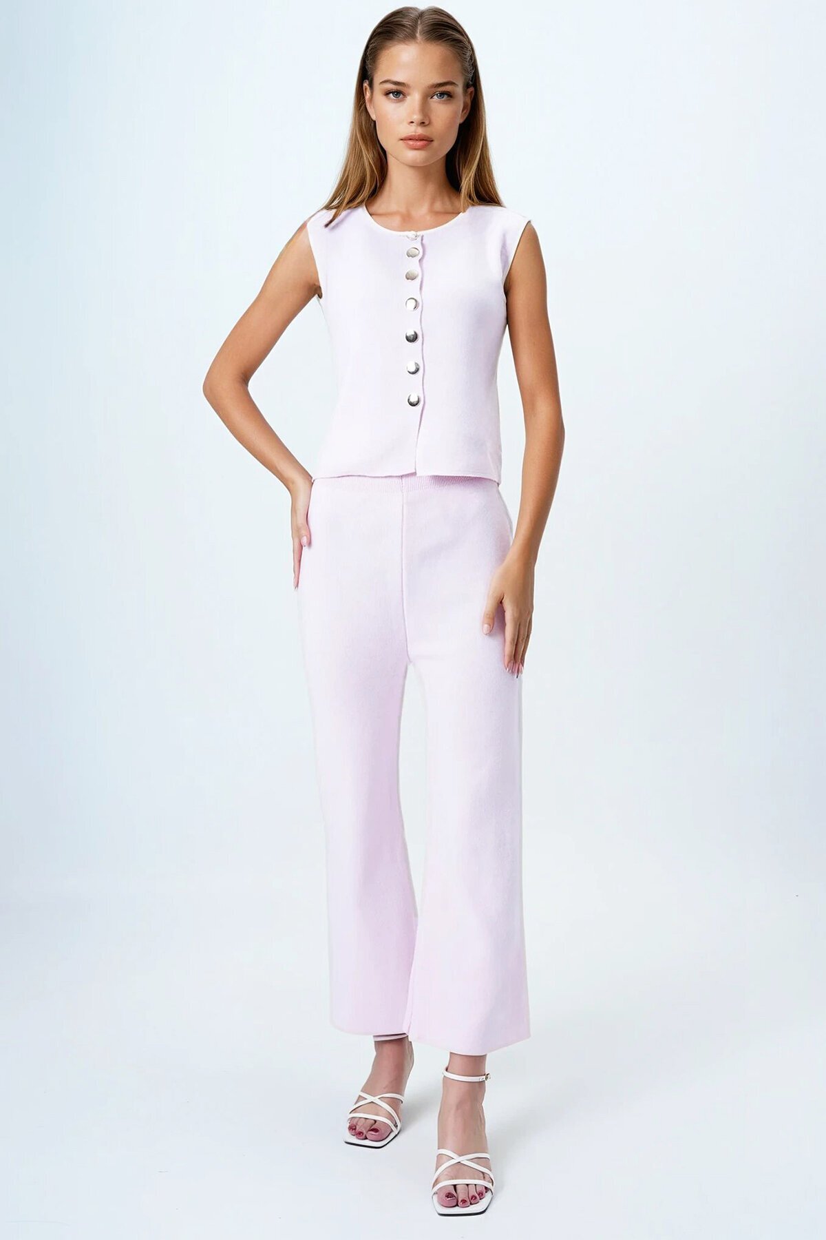 Pembe Gold Düğme Detaylı Bluz Ve Beli Lastikli Palazzo Pantolon Triko Takım