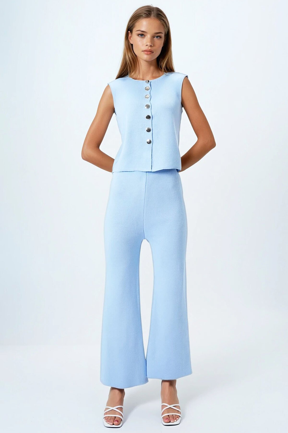 Bebe Mavi Gold Düğme Detaylı Bluz Ve Beli Lastikli Palazzo Pantolon Triko Takım