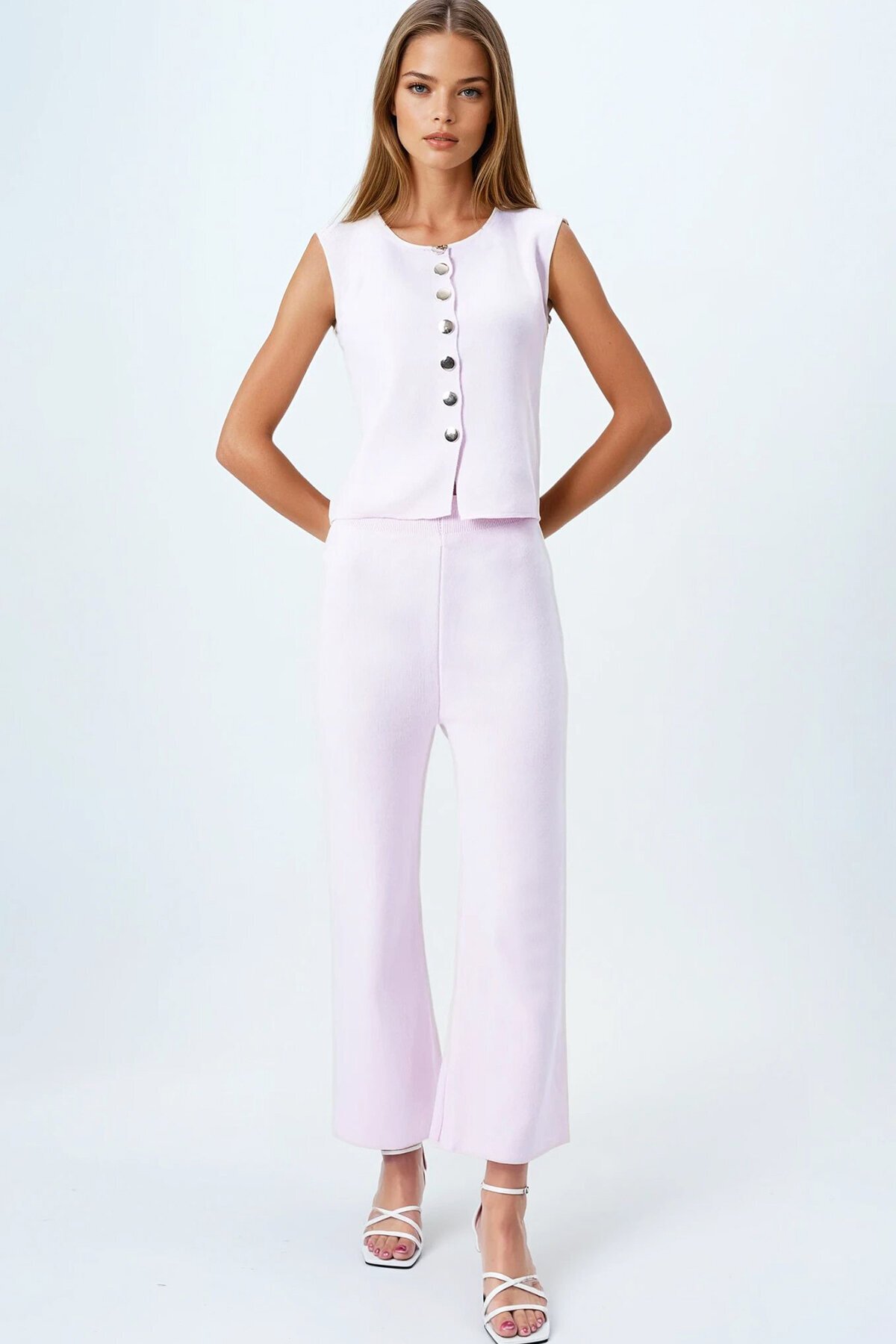 Pembe Gold Düğme Detaylı Bluz Ve Beli Lastikli Palazzo Pantolon Triko Takım