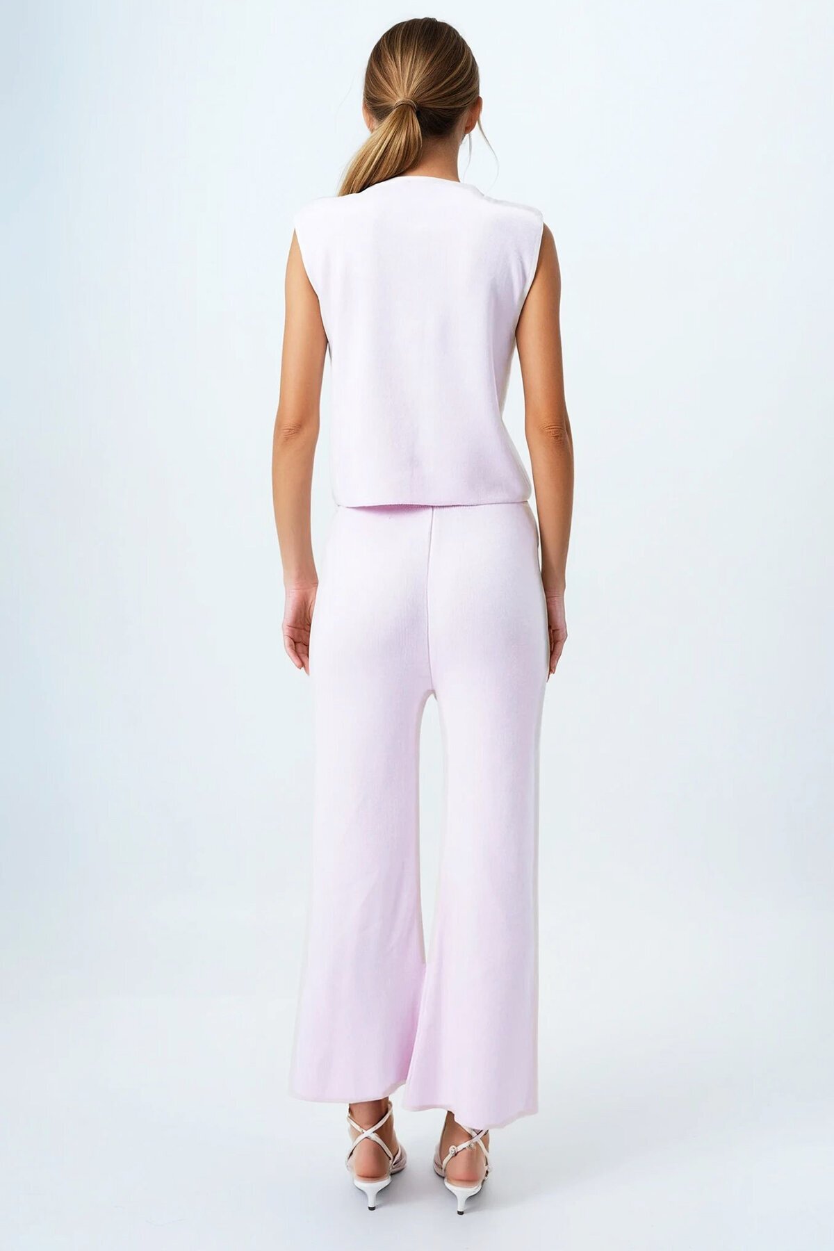 Pembe Gold Düğme Detaylı Bluz Ve Beli Lastikli Palazzo Pantolon Triko Takım