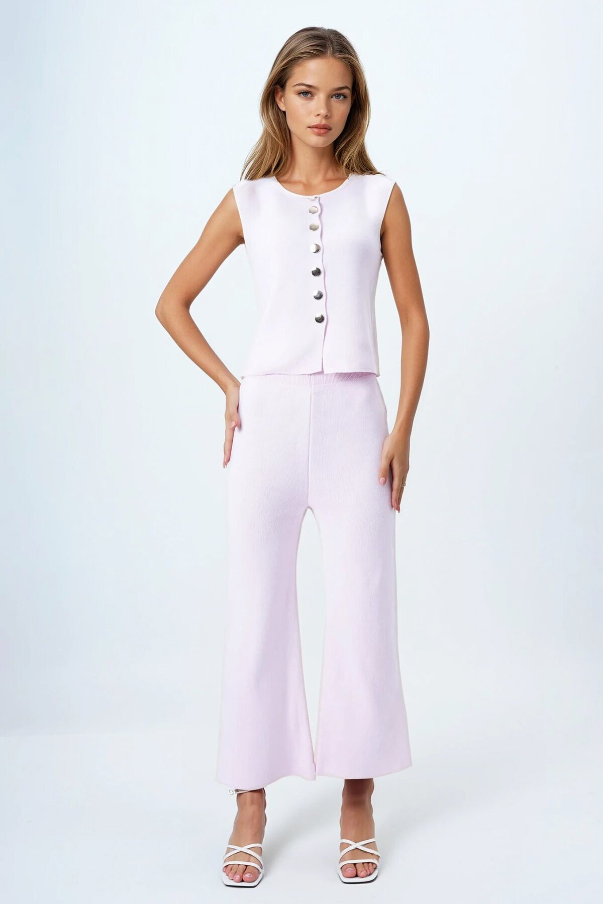 Pembe Gold Düğme Detaylı Bluz Ve Beli Lastikli Palazzo Pantolon Triko Takım