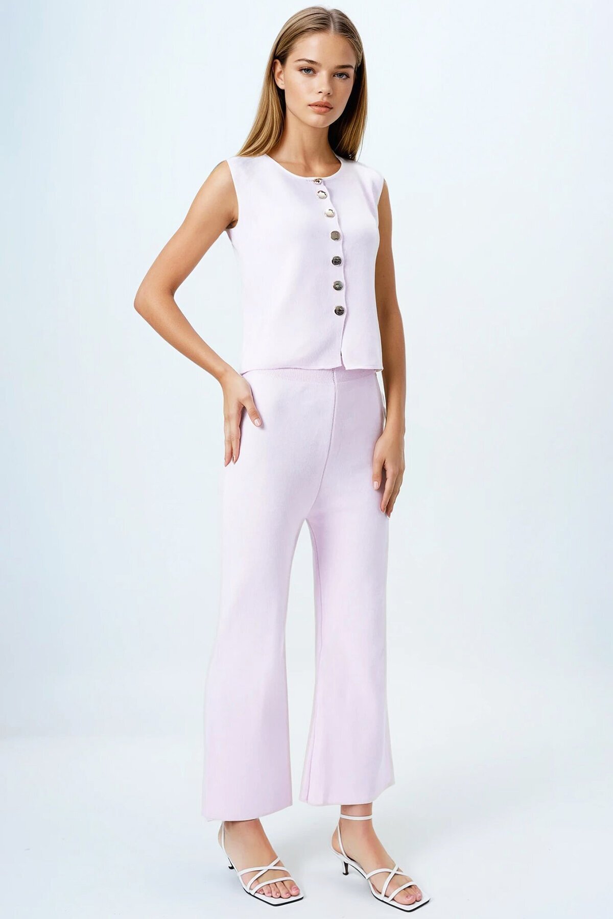 Pembe Gold Düğme Detaylı Bluz Ve Beli Lastikli Palazzo Pantolon Triko Takım