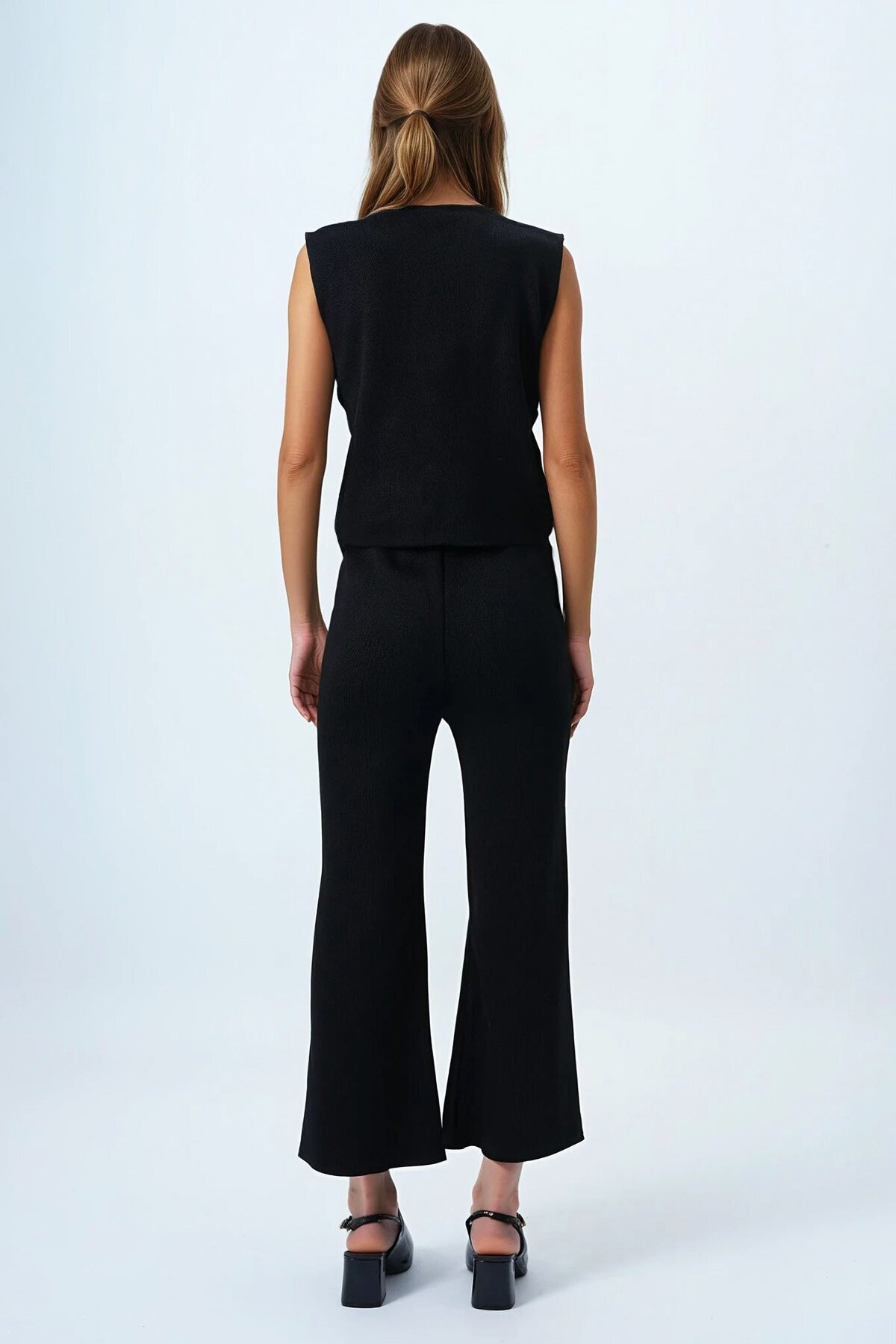 Siyah Gold Düğme Detaylı Bluz Ve Beli Lastikli Palazzo Pantolon Triko Takım