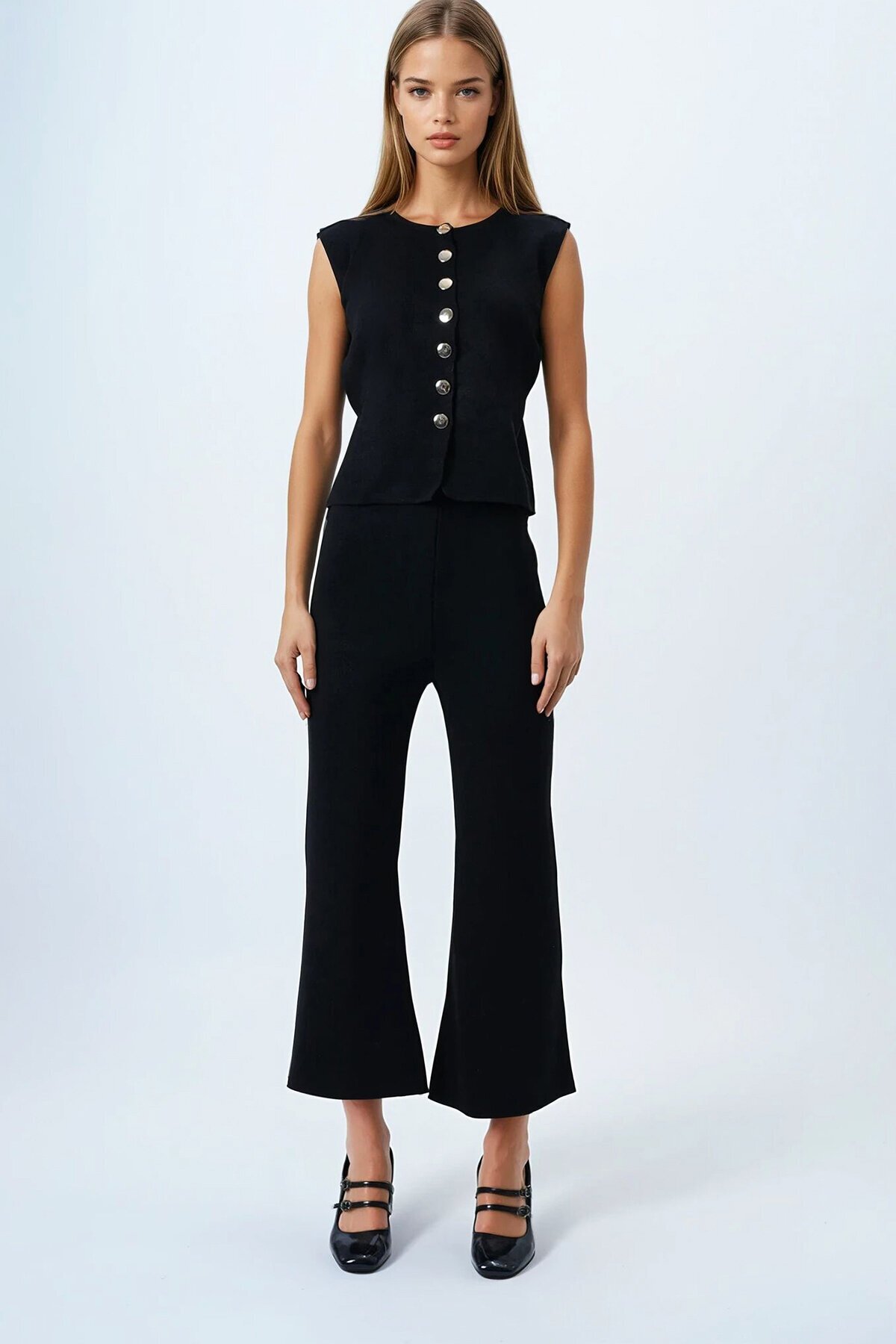 Siyah Gold Düğme Detaylı Bluz Ve Beli Lastikli Palazzo Pantolon Triko Takım