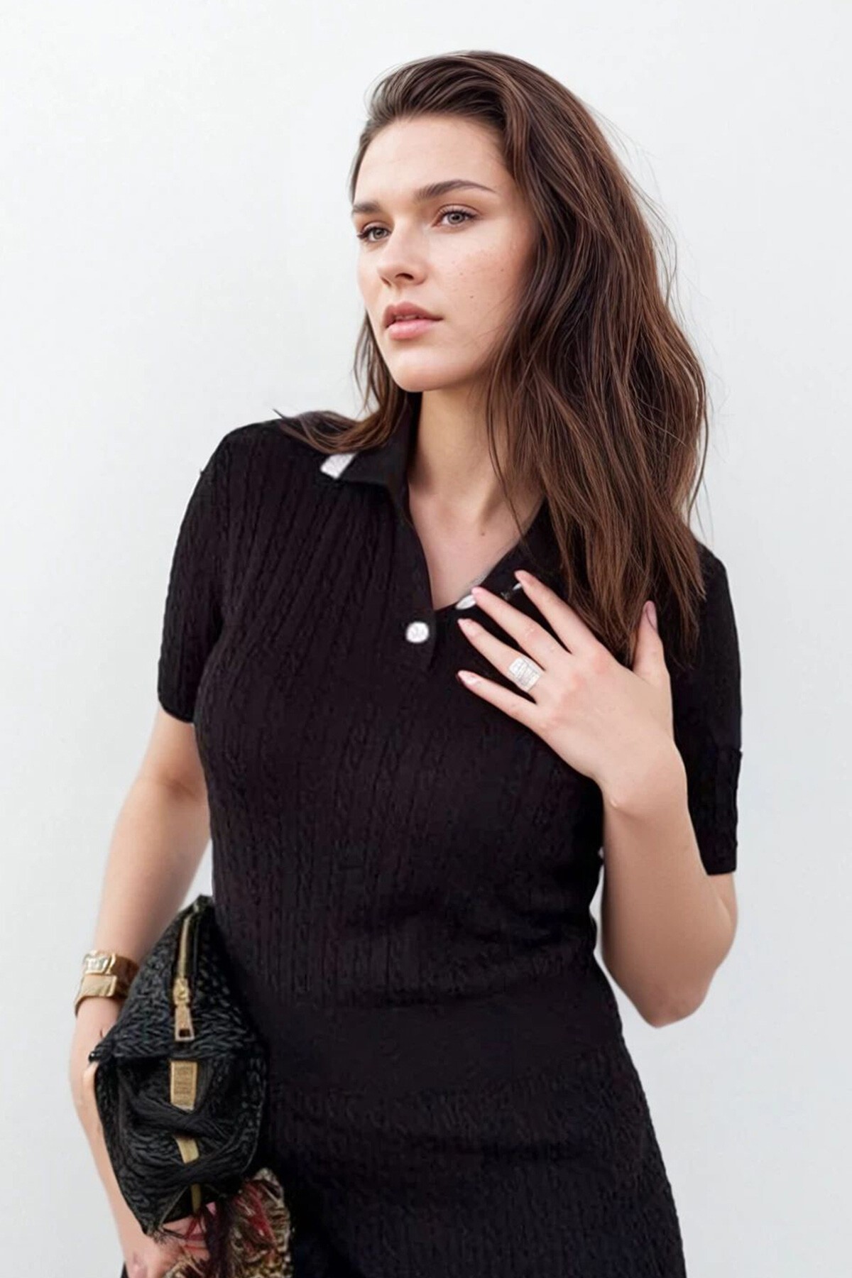 Siyah Gömlek Taka Triko Bluz Ve Mini Boy Etek Takım