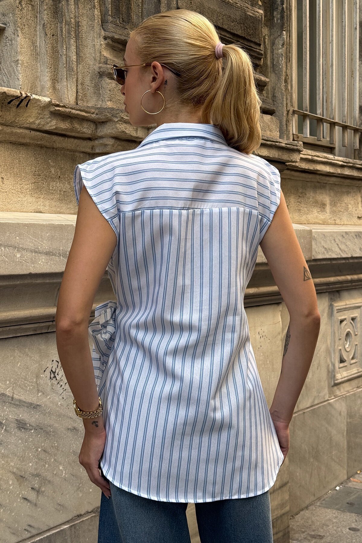 Mavi Gömlek Yaka Bağlama Detaylı Çizgili Bluz
