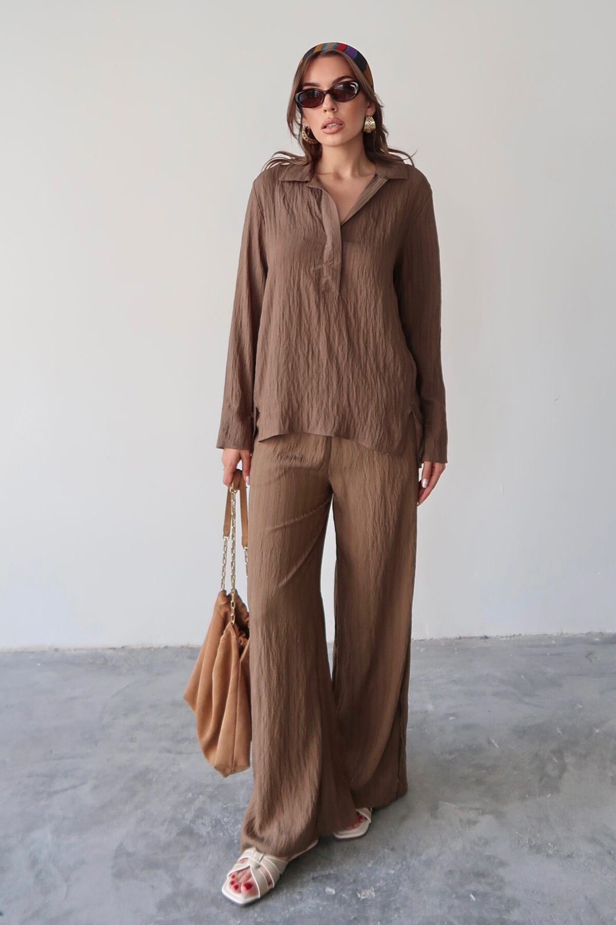 Kahverengi Gömlek Yaka Bürümcük Alt Üst Takım