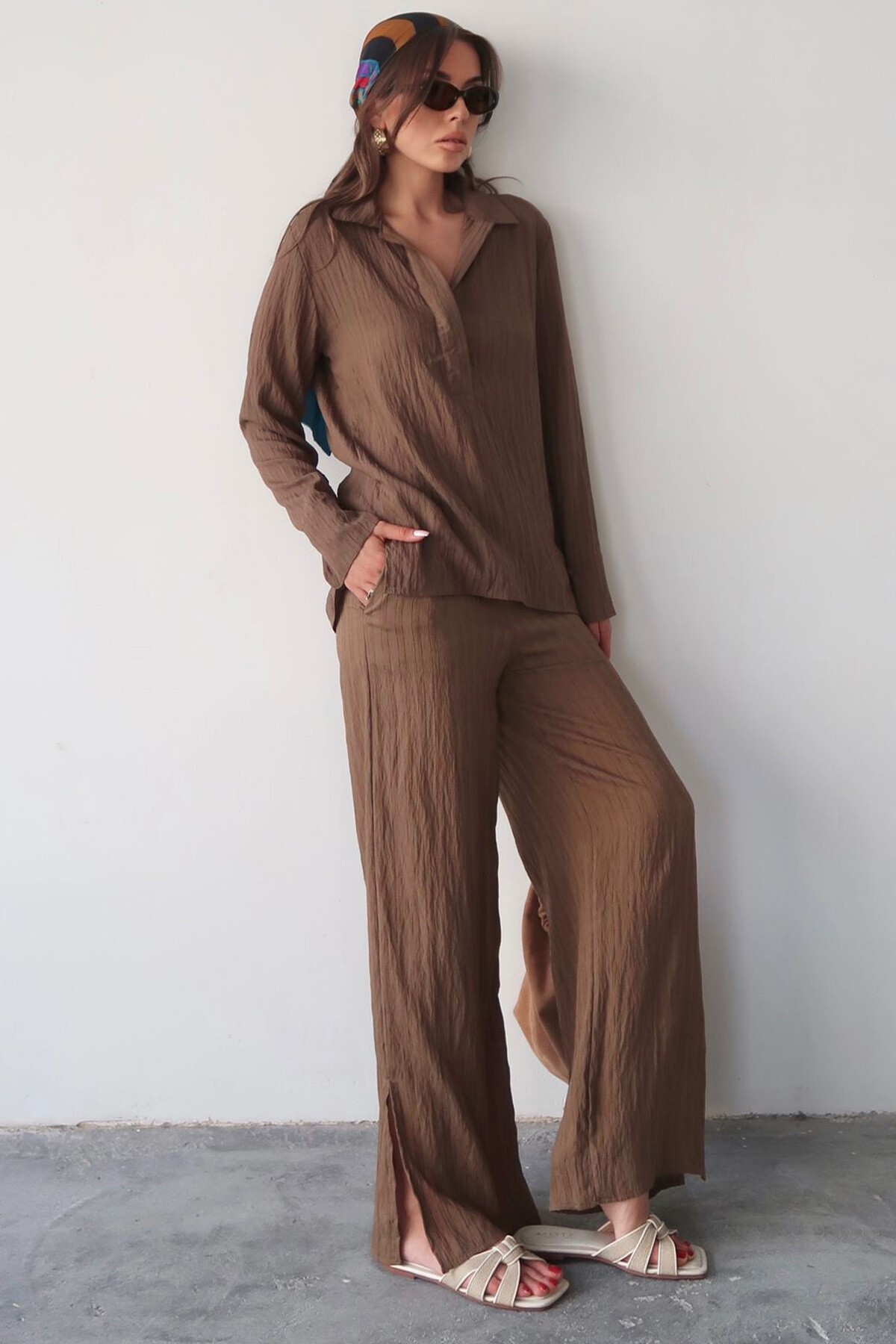 Kahverengi Gömlek Yaka Bürümcük Alt Üst Takım