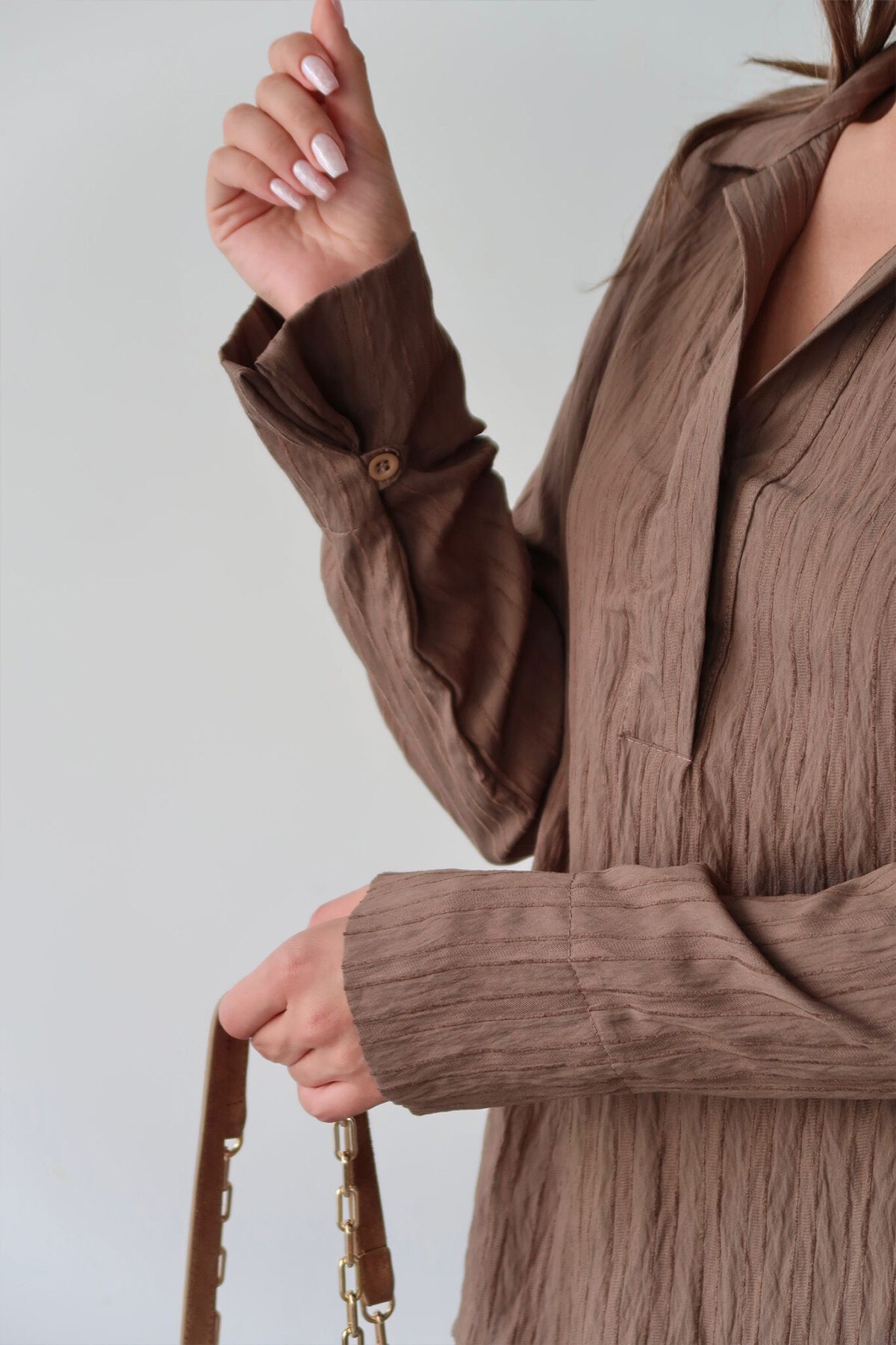 Kahverengi Gömlek Yaka Bürümcük Alt Üst Takım