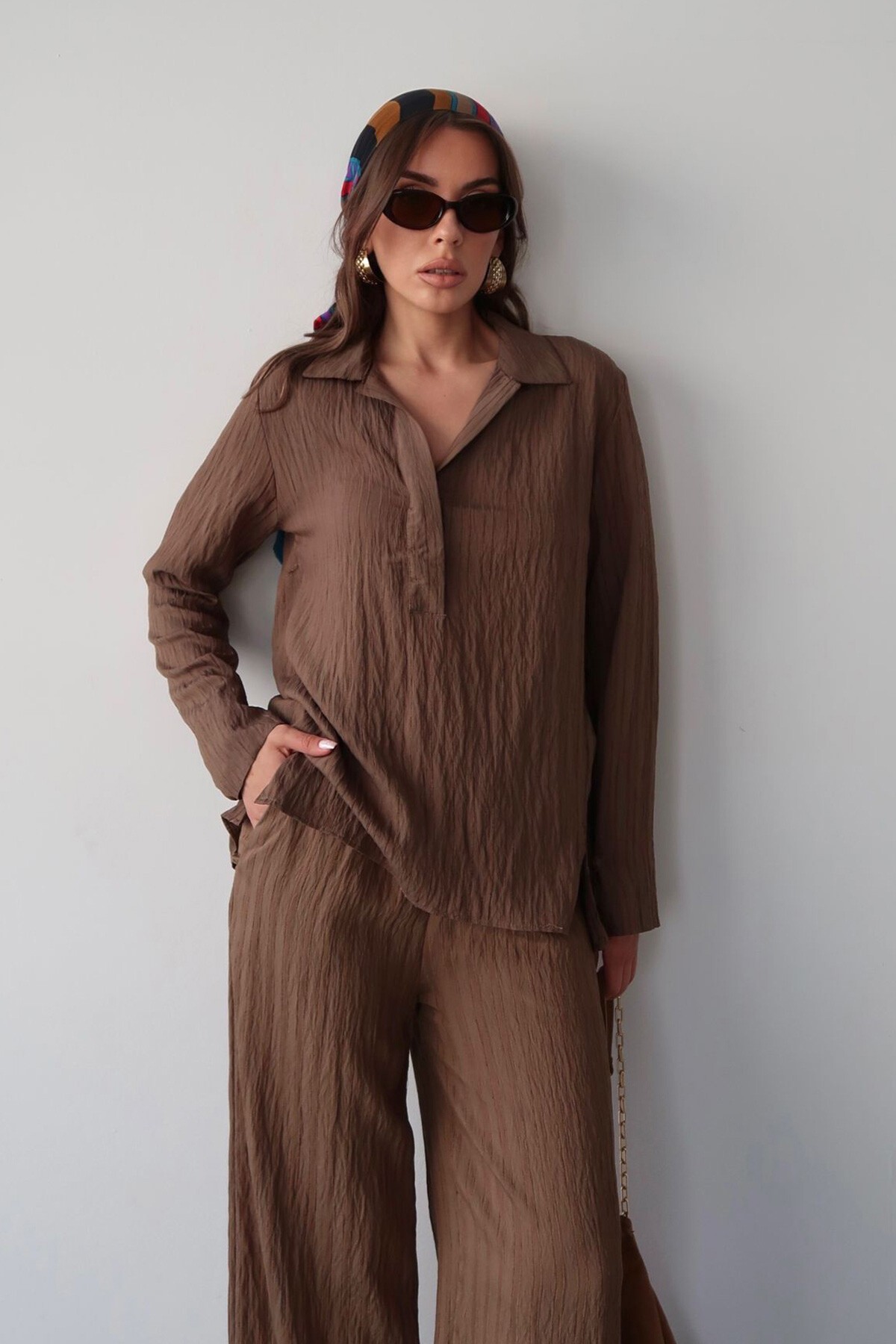 Kahverengi Gömlek Yaka Bürümcük Alt Üst Takım
