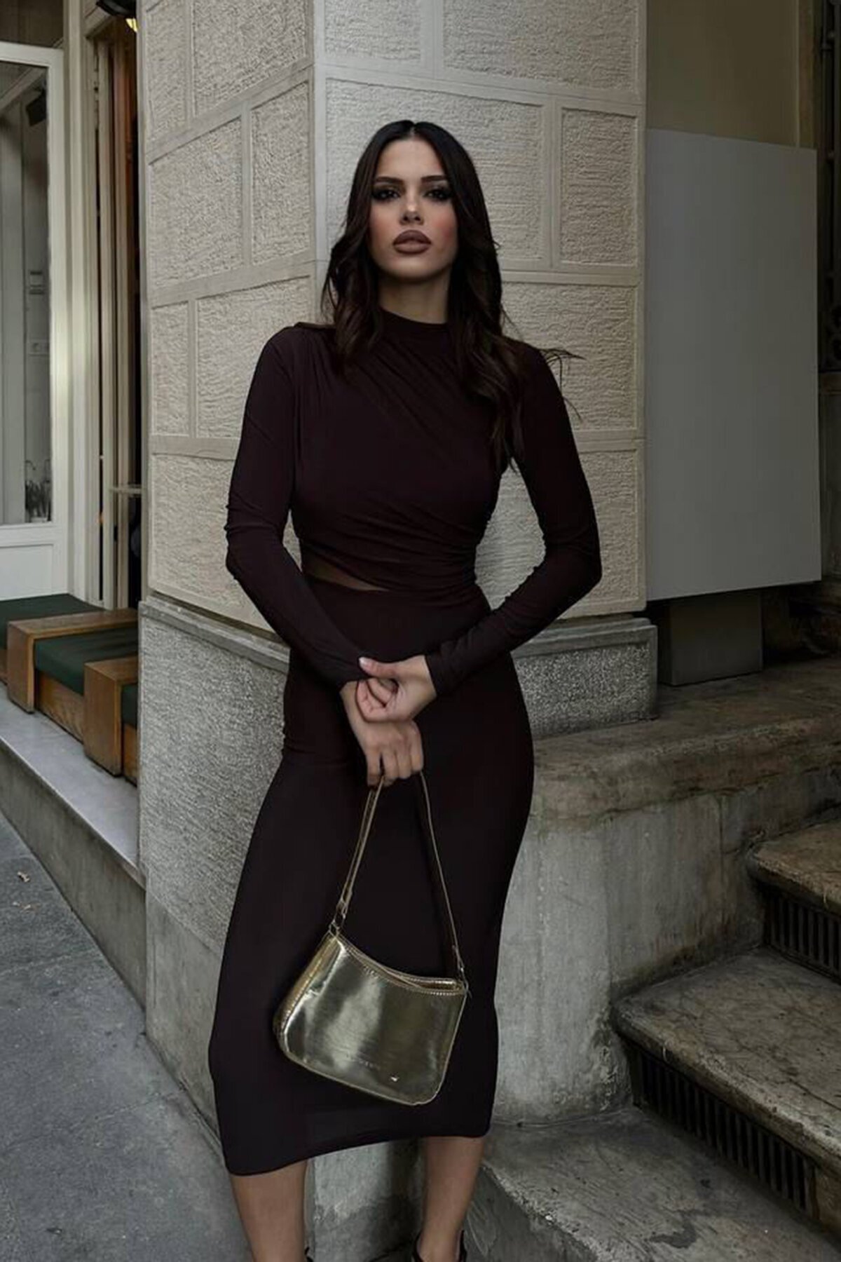 Acı Kahve Hakim Yaka Drape Detaylı Transparan Elbise