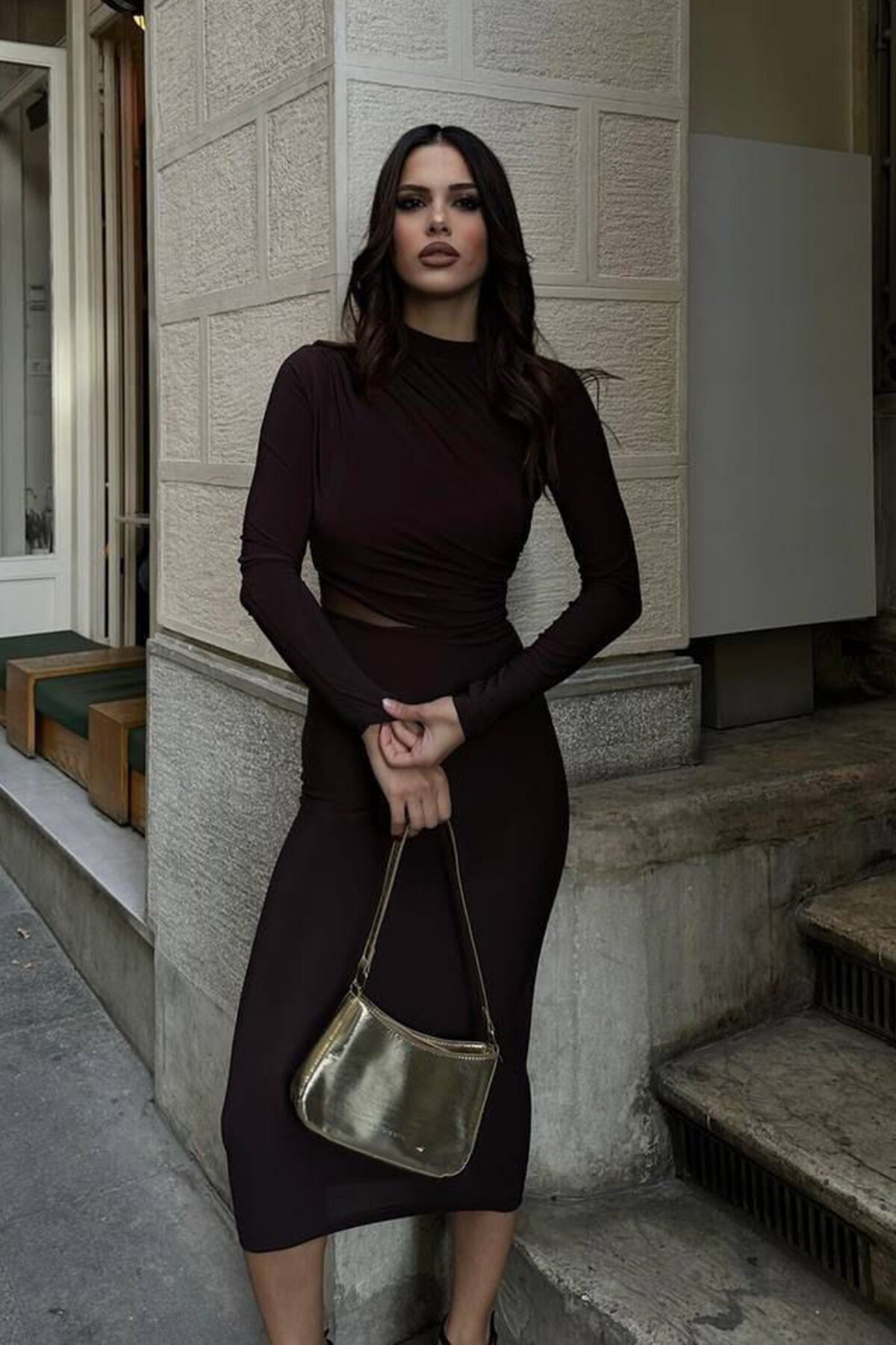 Acı Kahve Hakim Yaka Drape Detaylı Transparan Elbise