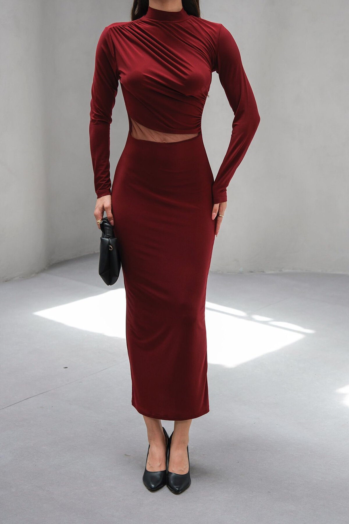 Bordo Hakim Yaka Drape Detaylı Transparan Elbise