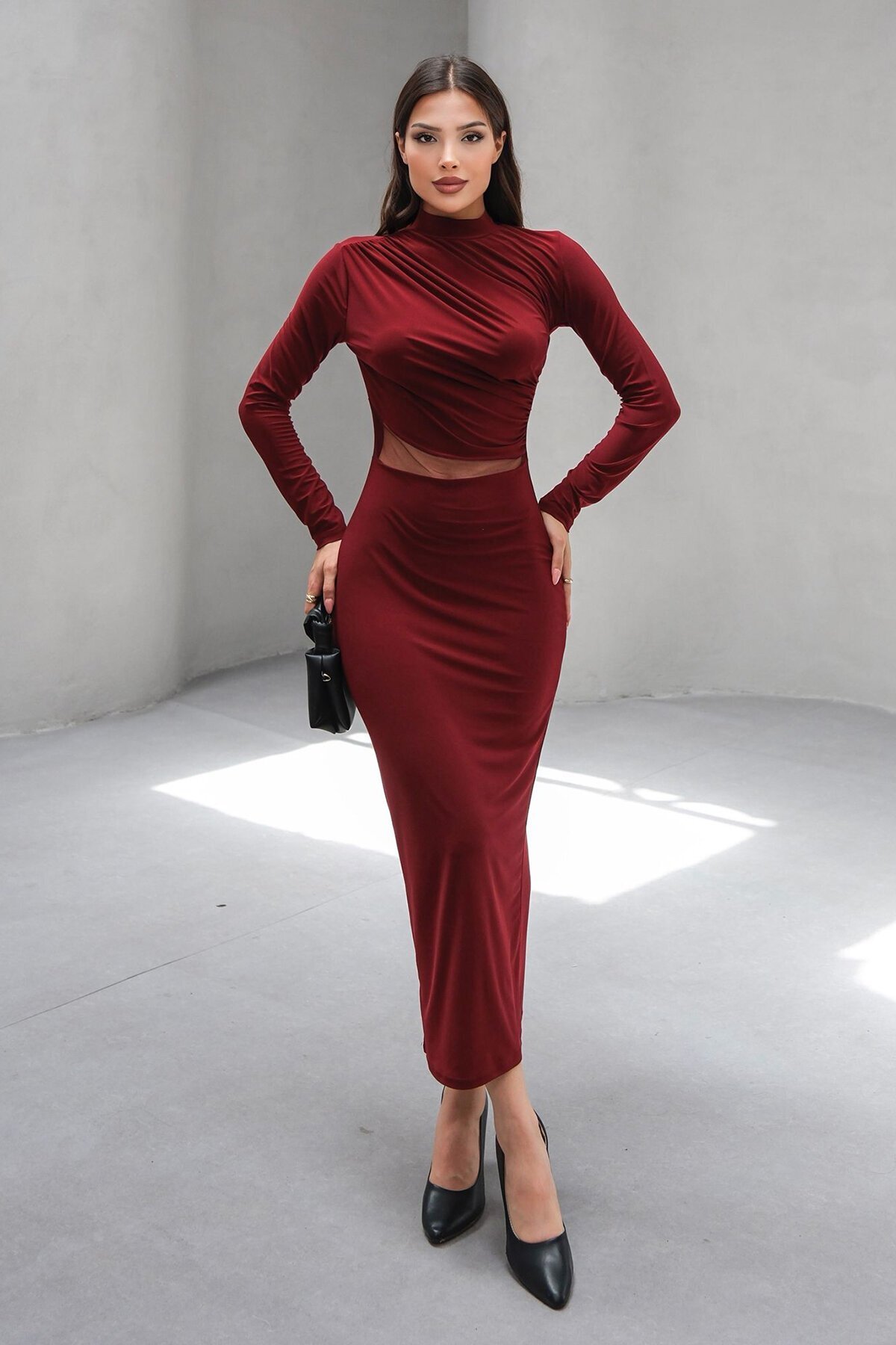 Bordo Hakim Yaka Drape Detaylı Transparan Elbise